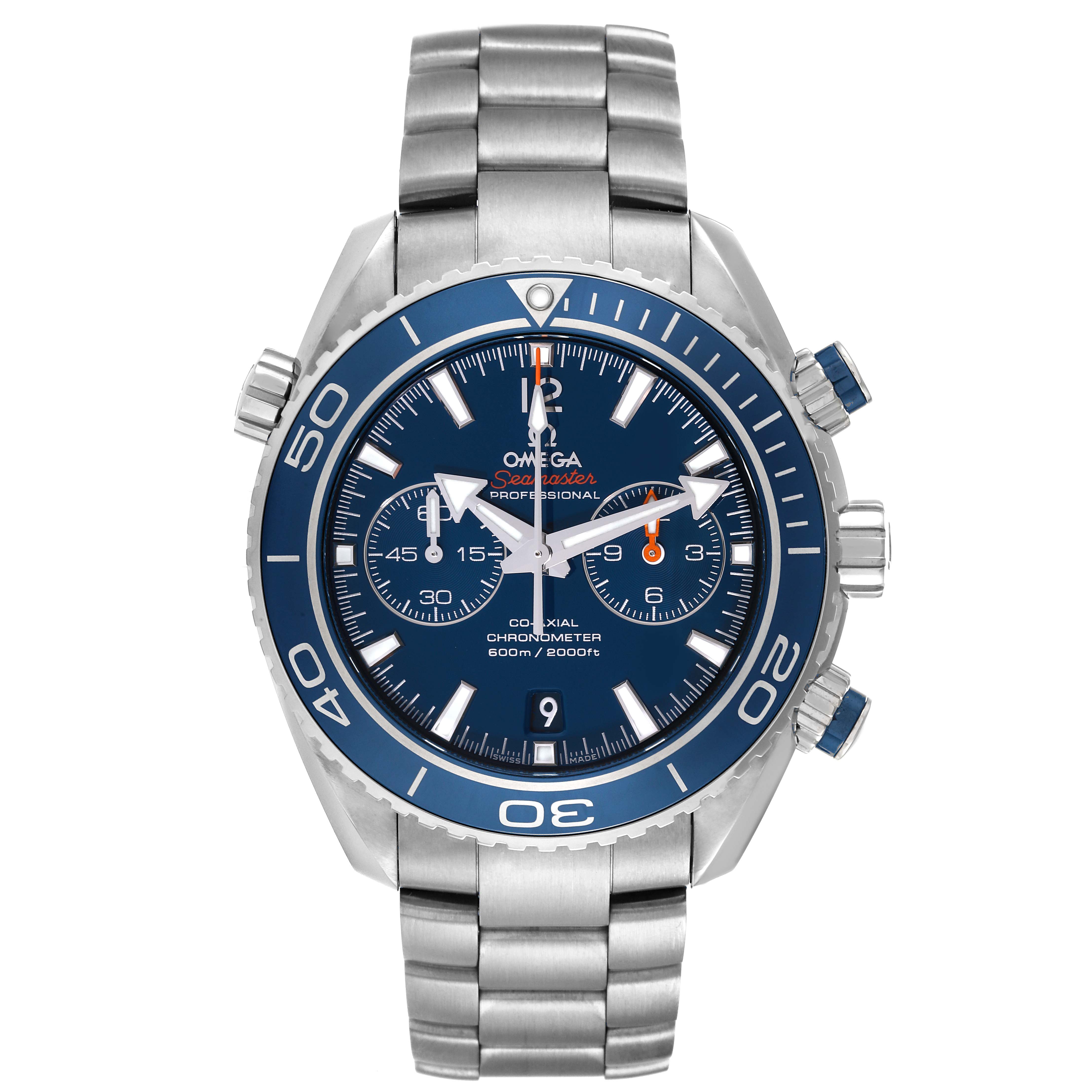 The image shows a front view of the Omega Planet Ocean 232.90.46.51.03.001 Men's Titanium Blue Dial 232.90.46.51.03.001 Men's Titanium Blue Dial watch, displaying the dial, bezel, and bracelet.