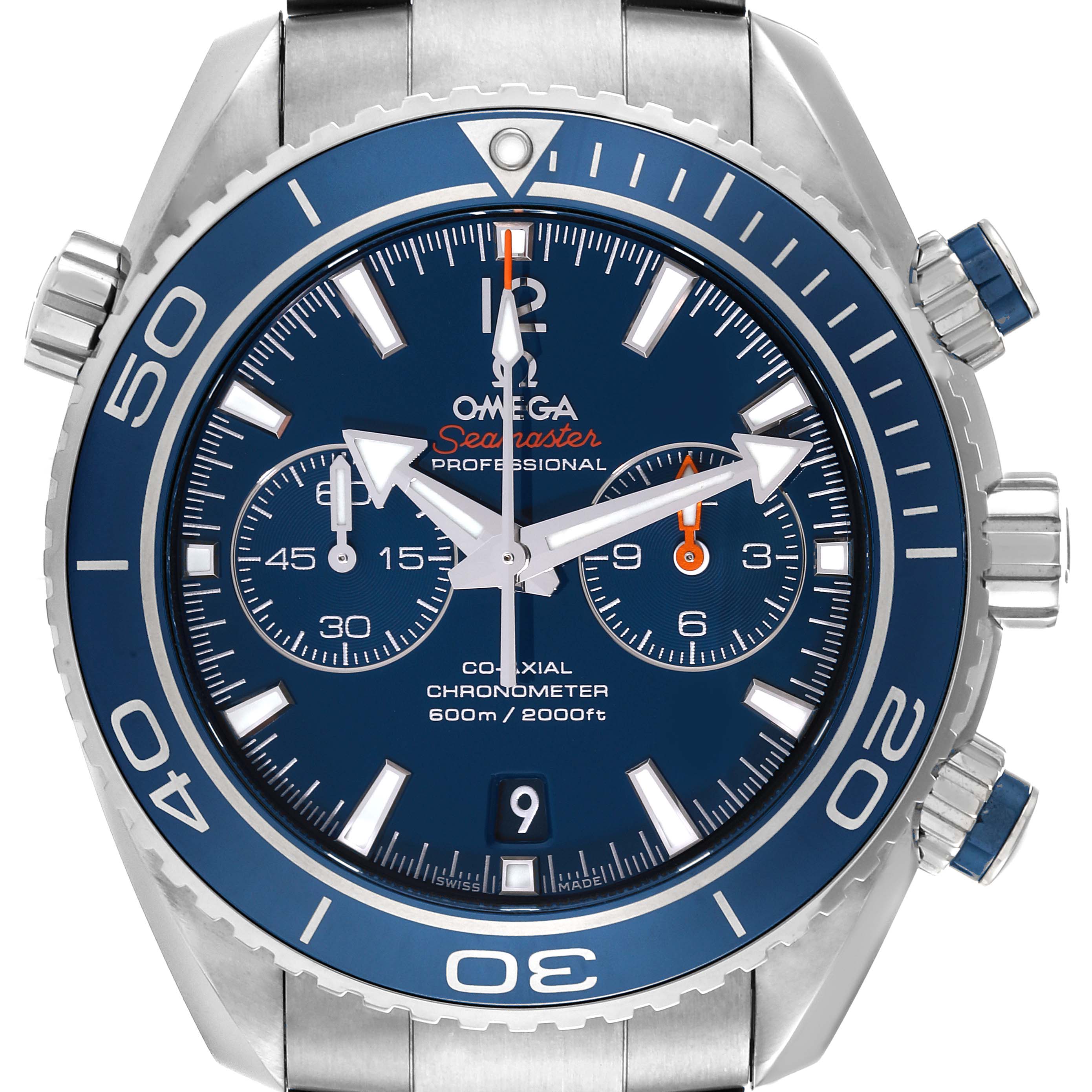 This image shows a frontal view of the Omega Planet Ocean 232.90.46.51.03.001 Men's Titanium Blue Dial 232.90.46.51.03.001 Men's Titanium Blue Dial watch, highlighting its blue bezel, chronograph subdials, and stainless steel bracelet.