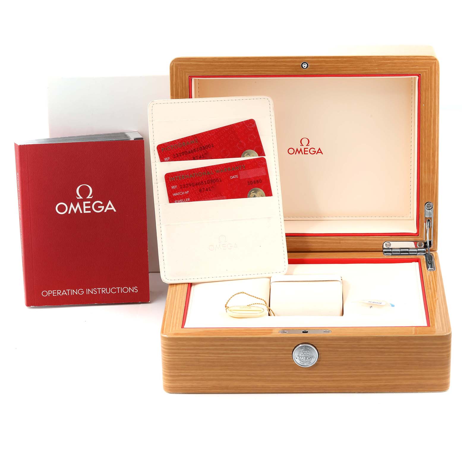 The image shows an Omega Planet Ocean 232.90.46.51.03.001 Men's Titanium Blue Dial 232.90.46.51.03.001 Men's Titanium Blue Dial watch box, operating instructions, cards, and a card holder, all from a frontal angle.