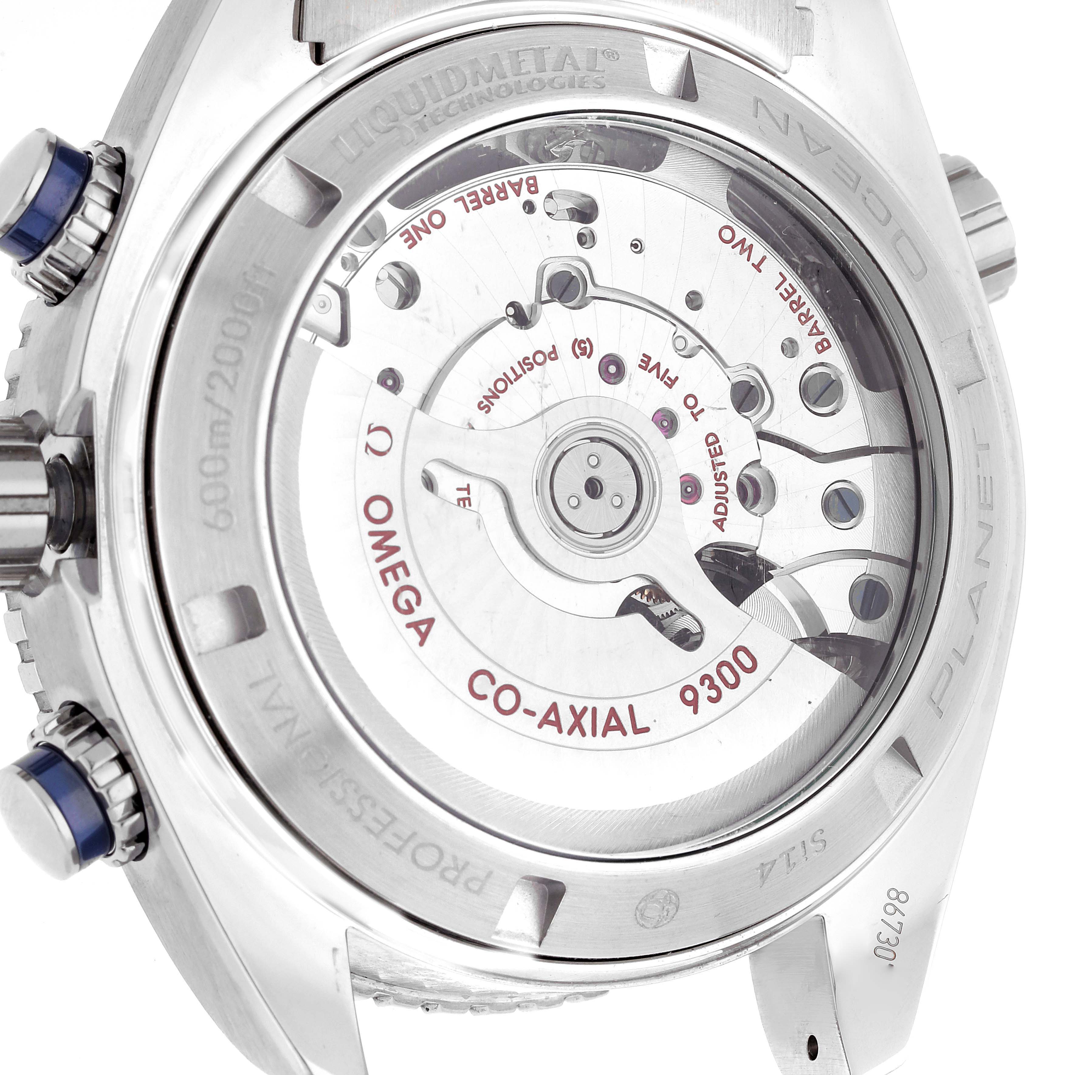 This image shows the back case of the Omega Planet Ocean 232.90.46.51.03.001 Men
s Titanium Blue Dial 232.90.46.51.03.001 Men
s Titanium Blue Dial watch, displaying its Co-Axial 9300 movement mechanism.