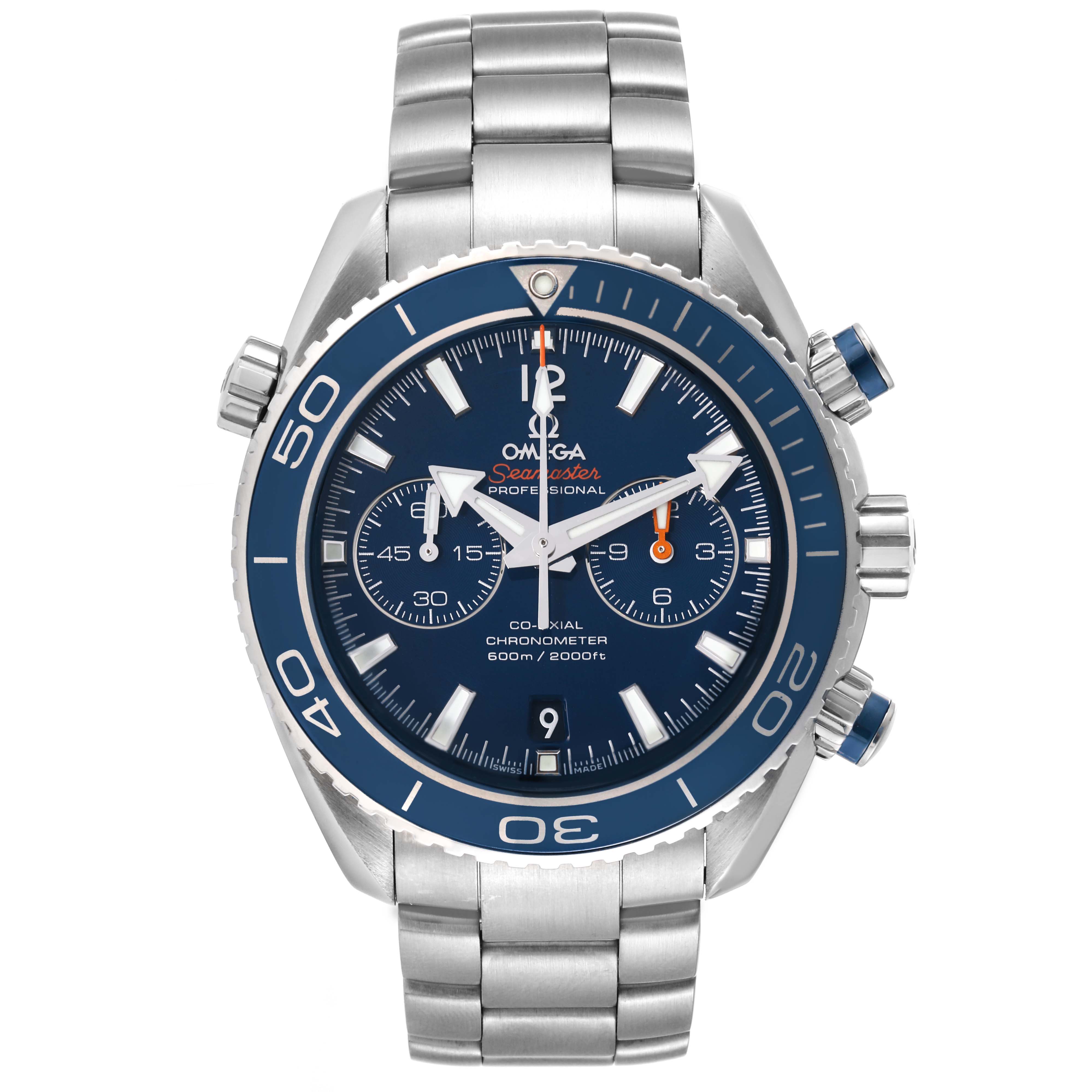 The image shows a front view of the Omega Planet Ocean 232.90.46.51.03.001 Men
s Titanium Blue Dial 232.90.46.51.03.001 Men
s Titanium Blue Dial watch, highlighting the dial, bezel, pushers, and bracelet.