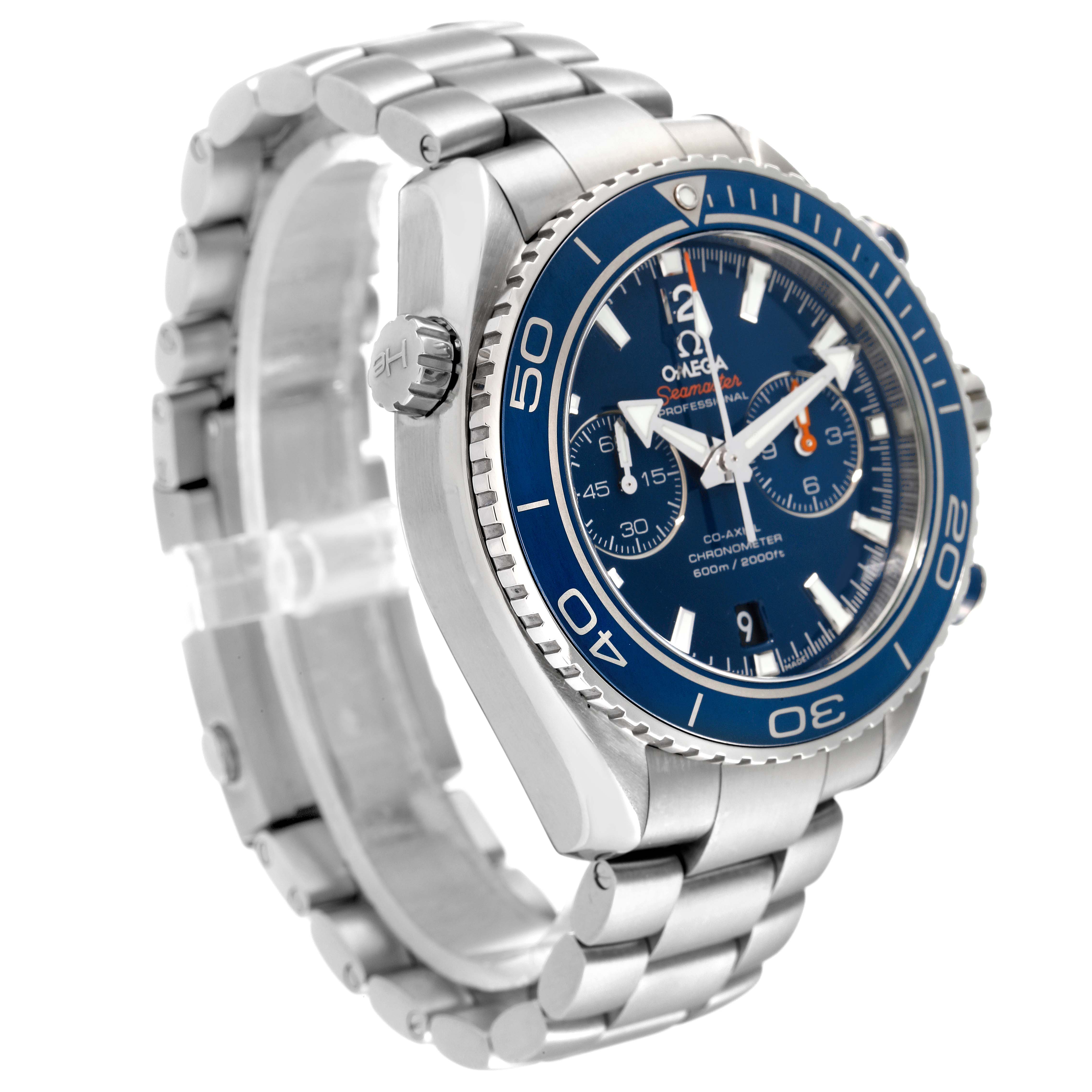 The image shows a left side angle of the Omega Planet Ocean 232.90.46.51.03.001 Men
s Titanium Blue Dial 232.90.46.51.03.001 Men
s Titanium Blue Dial watch, highlighting its bezel, dial, crown, and bracelet.