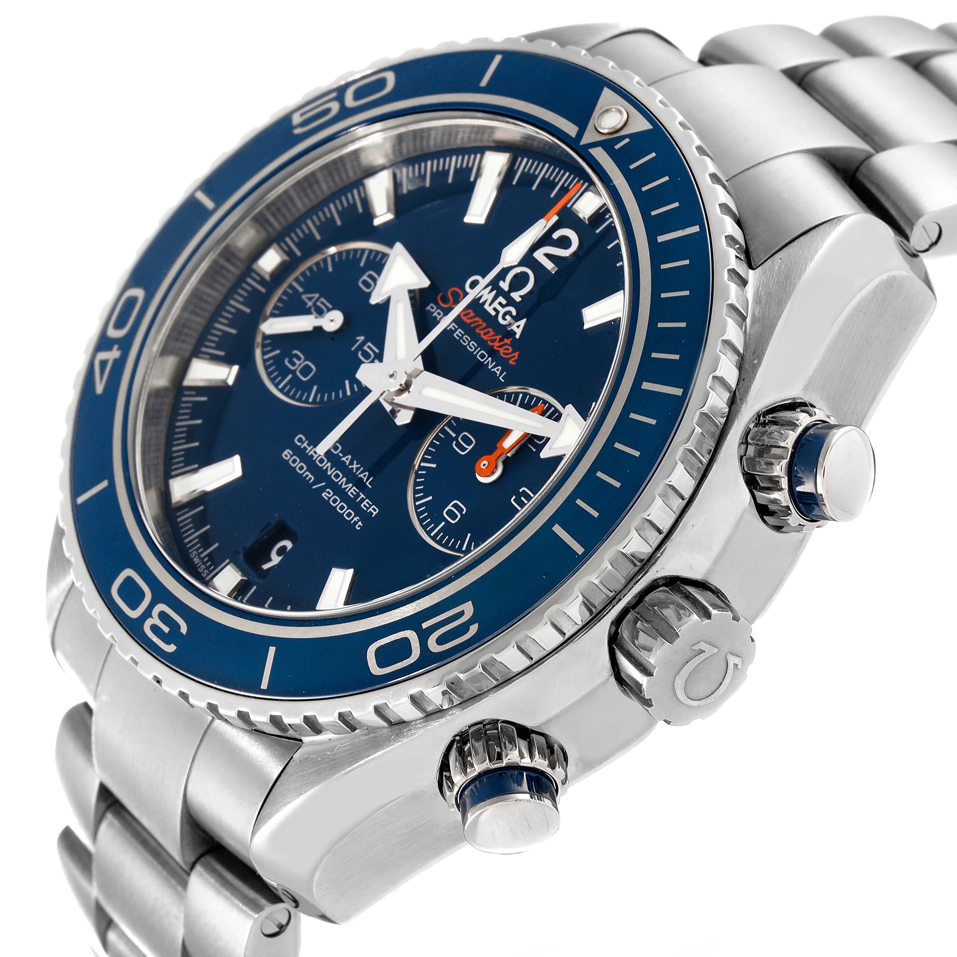 The Omega Planet Ocean 232.90.46.51.03.001 Men
s Titanium Blue Dial 232.90.46.51.03.001 Men
s Titanium Blue Dial watch is shown at a three-quarter angle, displaying the dial, bezel, crown, and part of the bracelet.