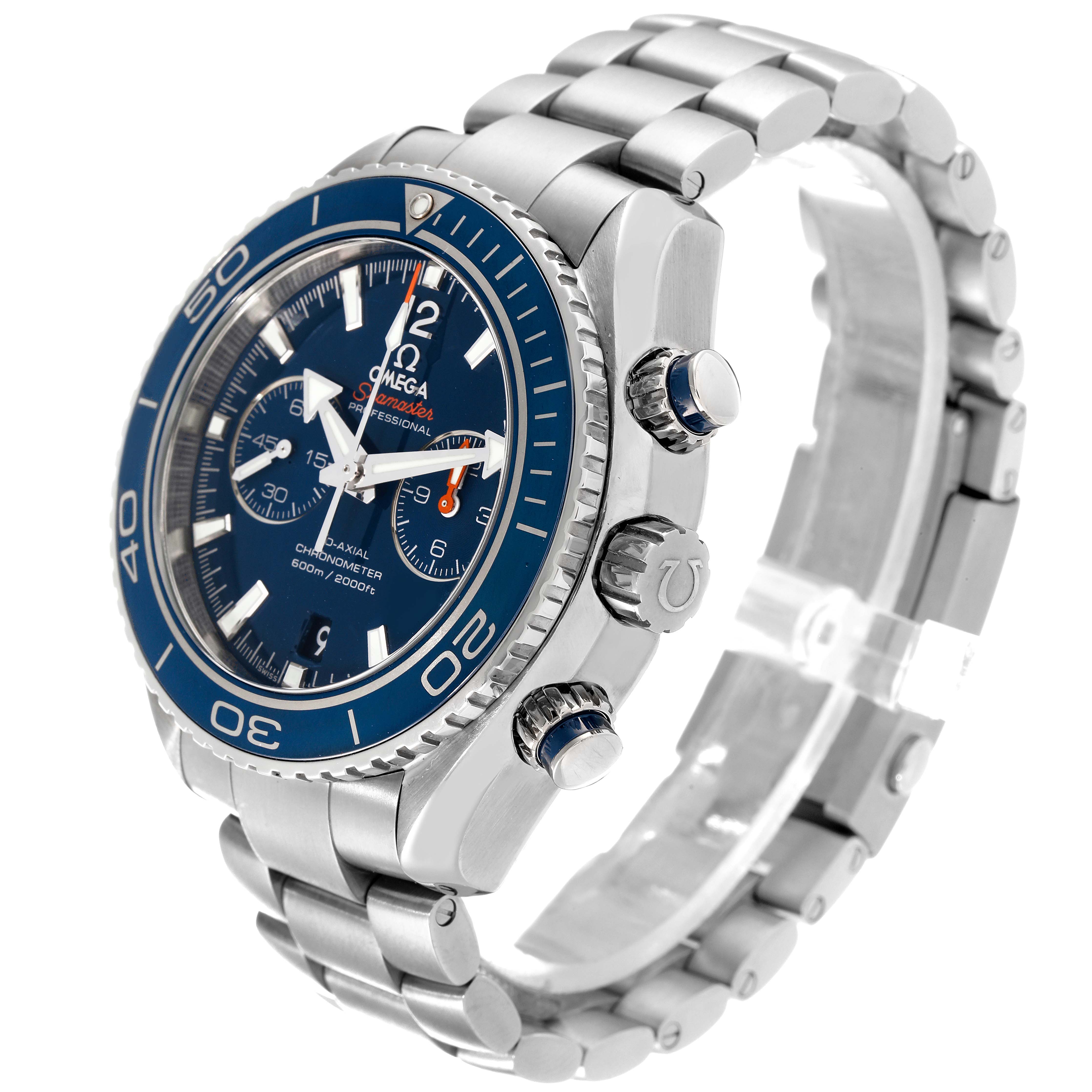 The Omega Planet Ocean 232.90.46.51.03.001 Men
s Titanium Blue Dial 232.90.46.51.03.001 Men
s Titanium Blue Dial watch is displayed at a three-quarter angle showing the face, bezel, crown, and bracelet.