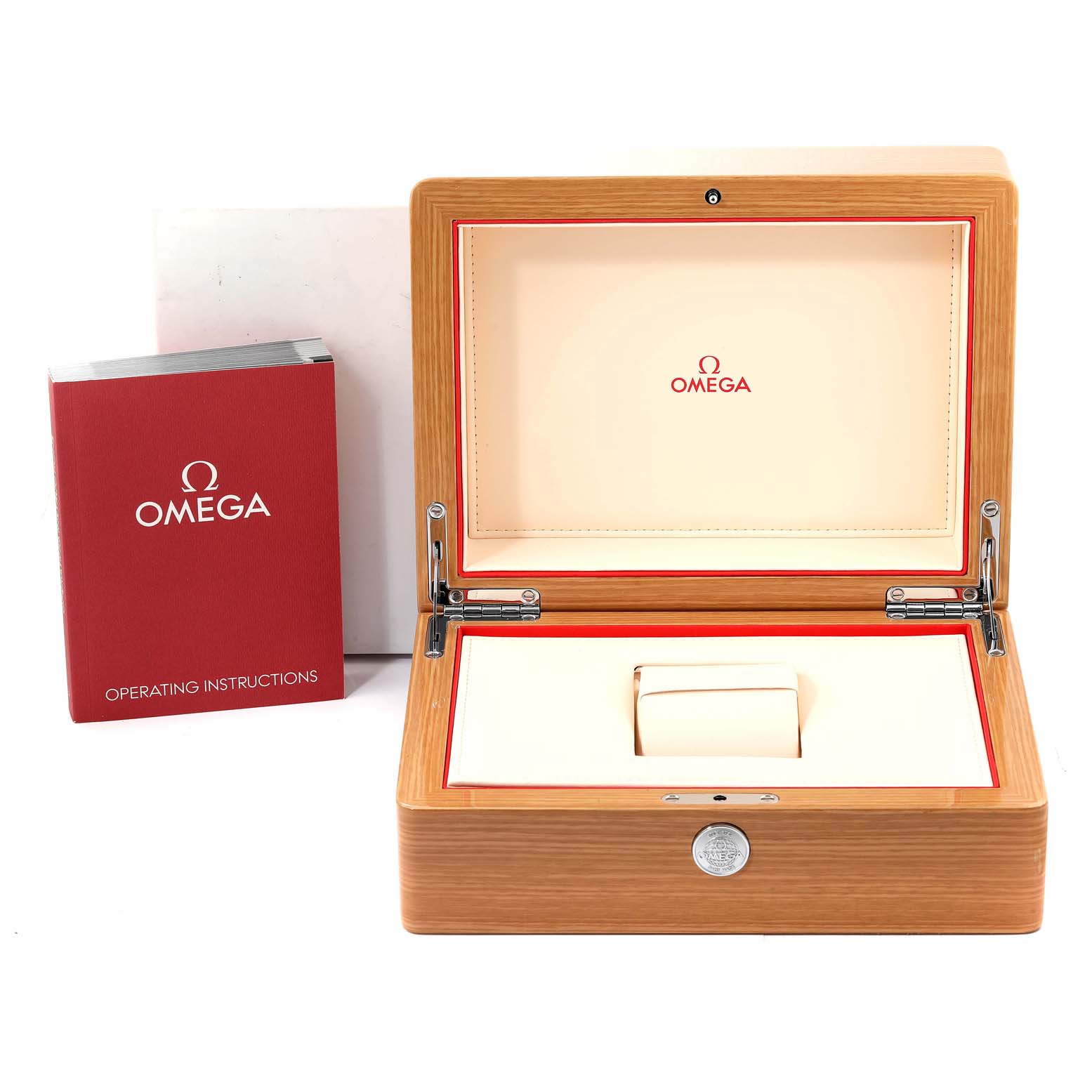 The image shows the Omega Planet Ocean 232.90.46.51.03.001 Men
s Titanium Blue Dial 232.90.46.51.03.001 Men
s Titanium Blue Dial watch box and operating instructions from a front angle.