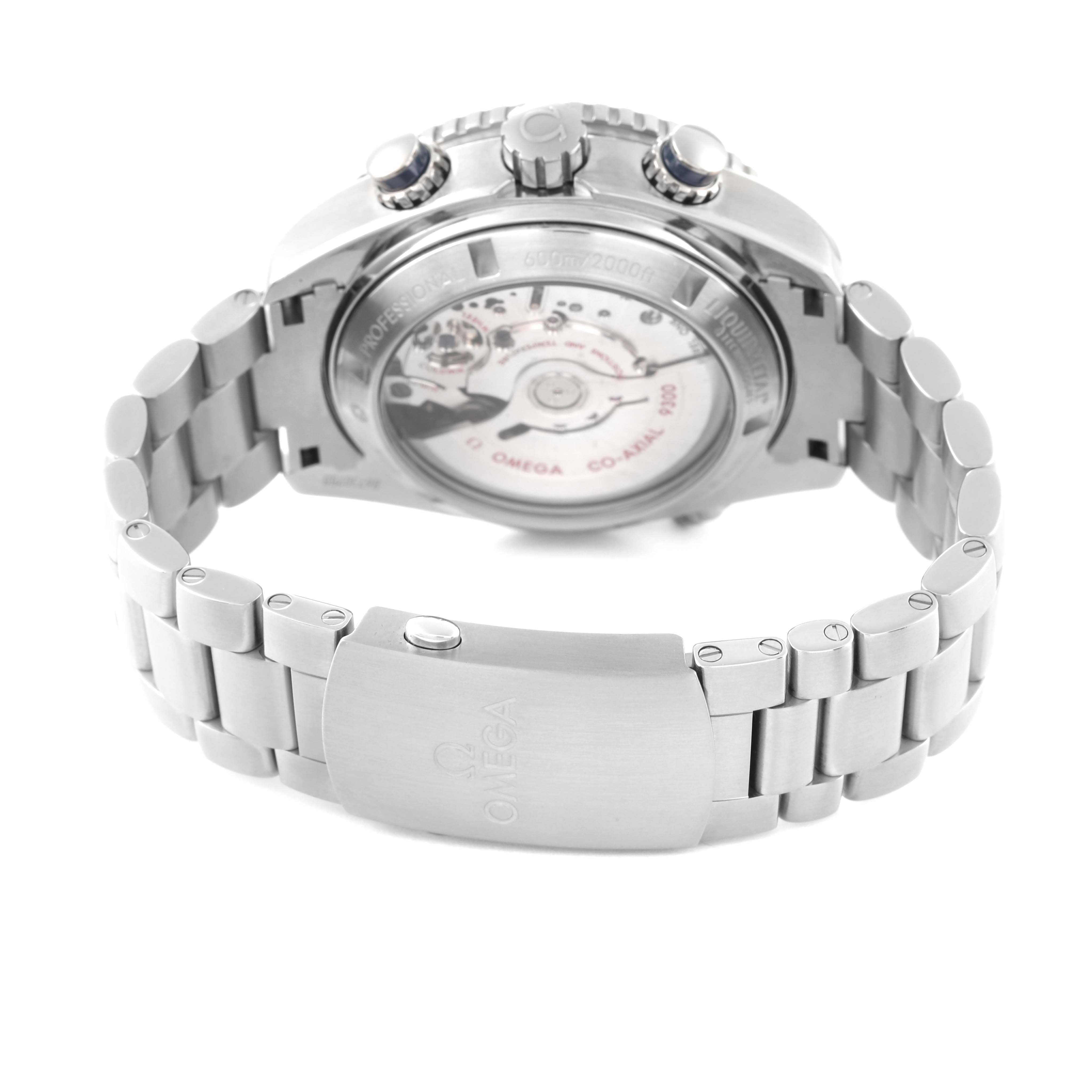 This image shows the back view of the Omega Planet Ocean 232.90.46.51.03.001 Men
s Titanium Blue Dial 232.90.46.51.03.001 Men
s Titanium Blue Dial watch, highlighting its open case back and metal bracelet clasp.