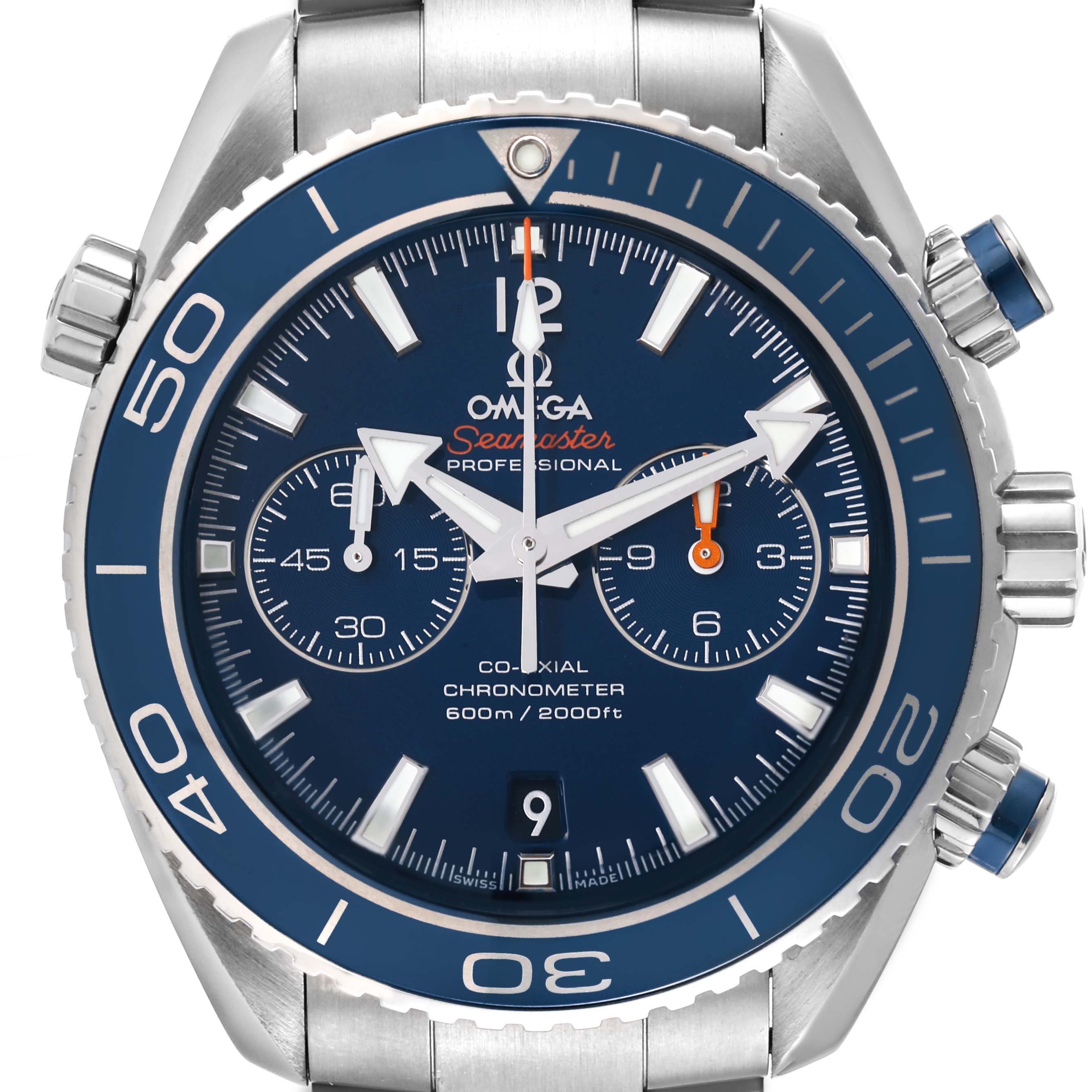 The image shows a front view of the Omega Planet Ocean 232.90.46.51.03.001 Men
s Titanium Blue Dial 232.90.46.51.03.001 Men
s Titanium Blue Dial watch displaying the dial, bezel, crown, and chronograph features.