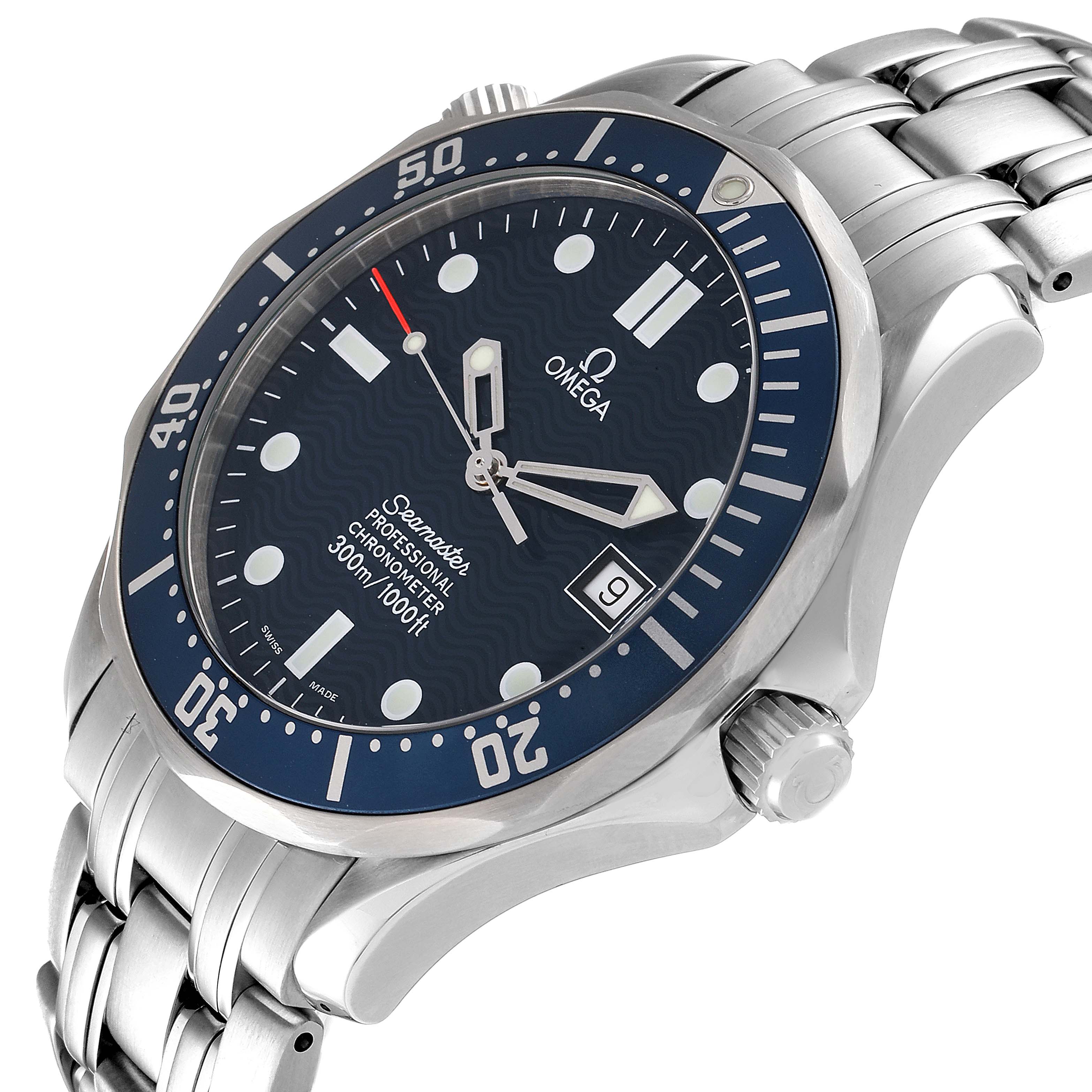 The Omega Seamaster 2531.80.00 Men's Stainless Steel Blue Dial 2531.80.00 Men's Stainless Steel Blue Dial watch is shown at a slight angle, highlighting its face, bezel, crown, and part of the metal bracelet.