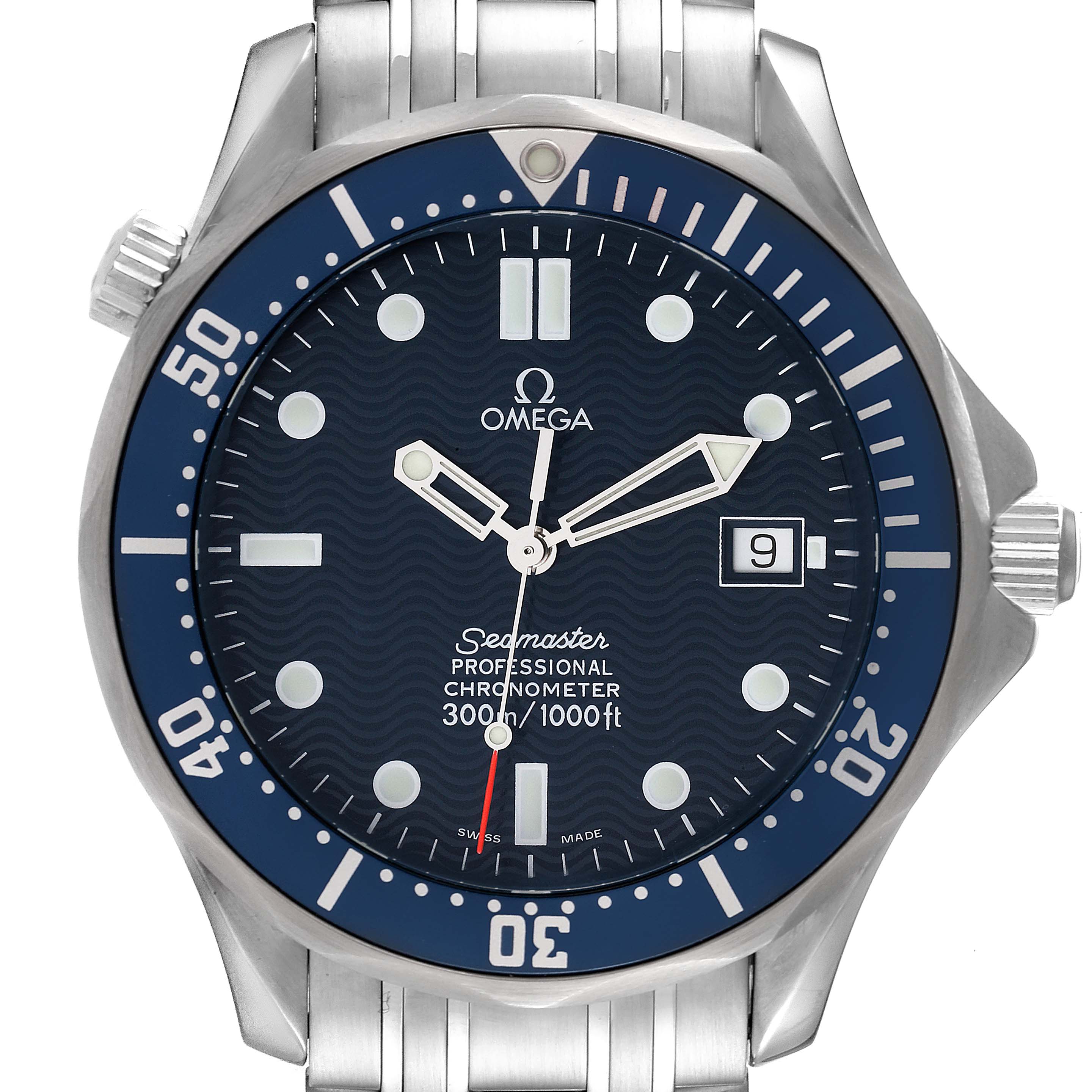 The Omega Seamaster 2531.80.00 Men's Stainless Steel Blue Dial 2531.80.00 Men's Stainless Steel Blue Dial watch is shown from a top-down angle, displaying its face, bezel, and part of the bracelet.