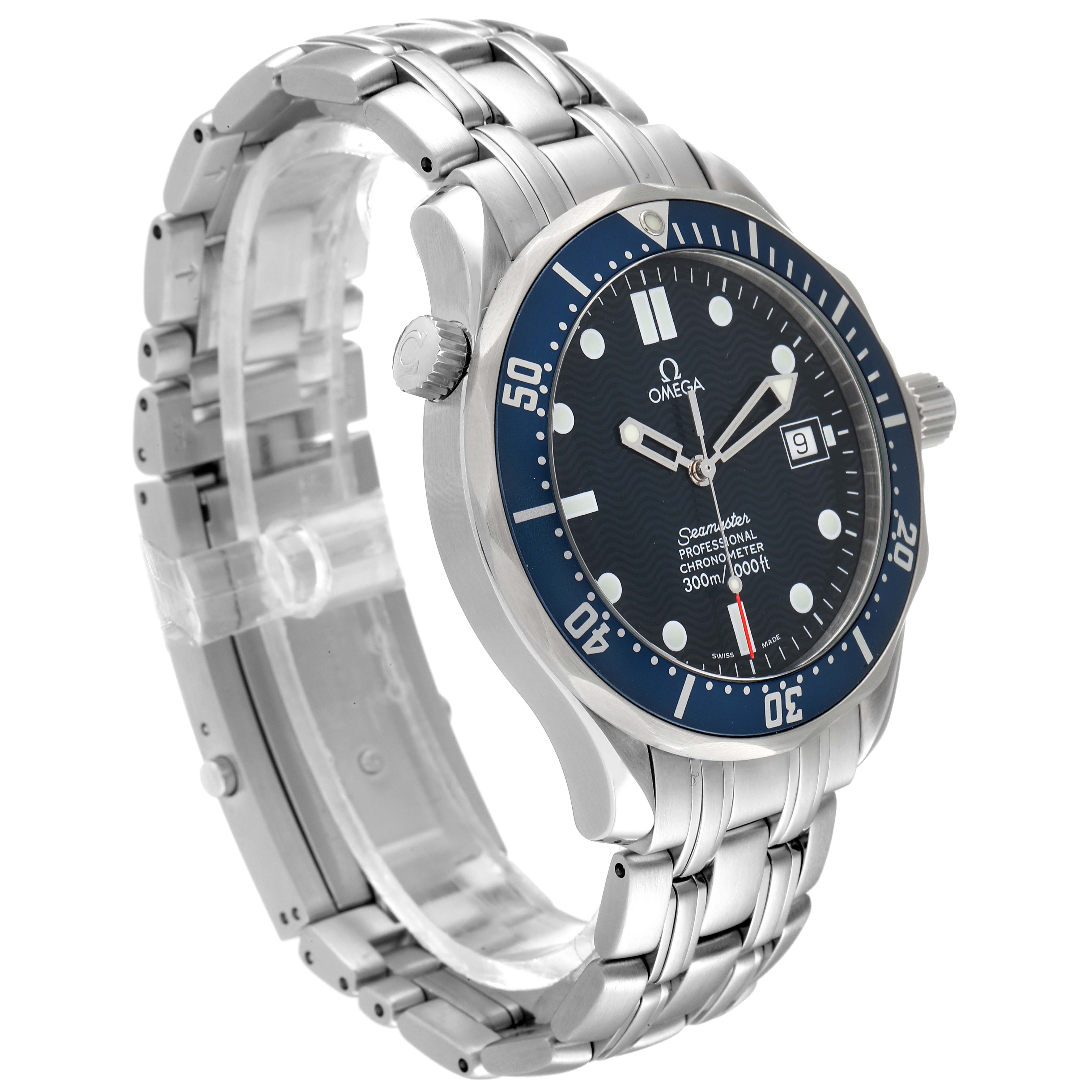 This image shows an Omega Seamaster 2531.80.00 Men's Stainless Steel Blue Dial 2531.80.00 Men's Stainless Steel Blue Dial watch at a three-quarter angle, displaying its dial, bezel, crown, and stainless steel bracelet.
