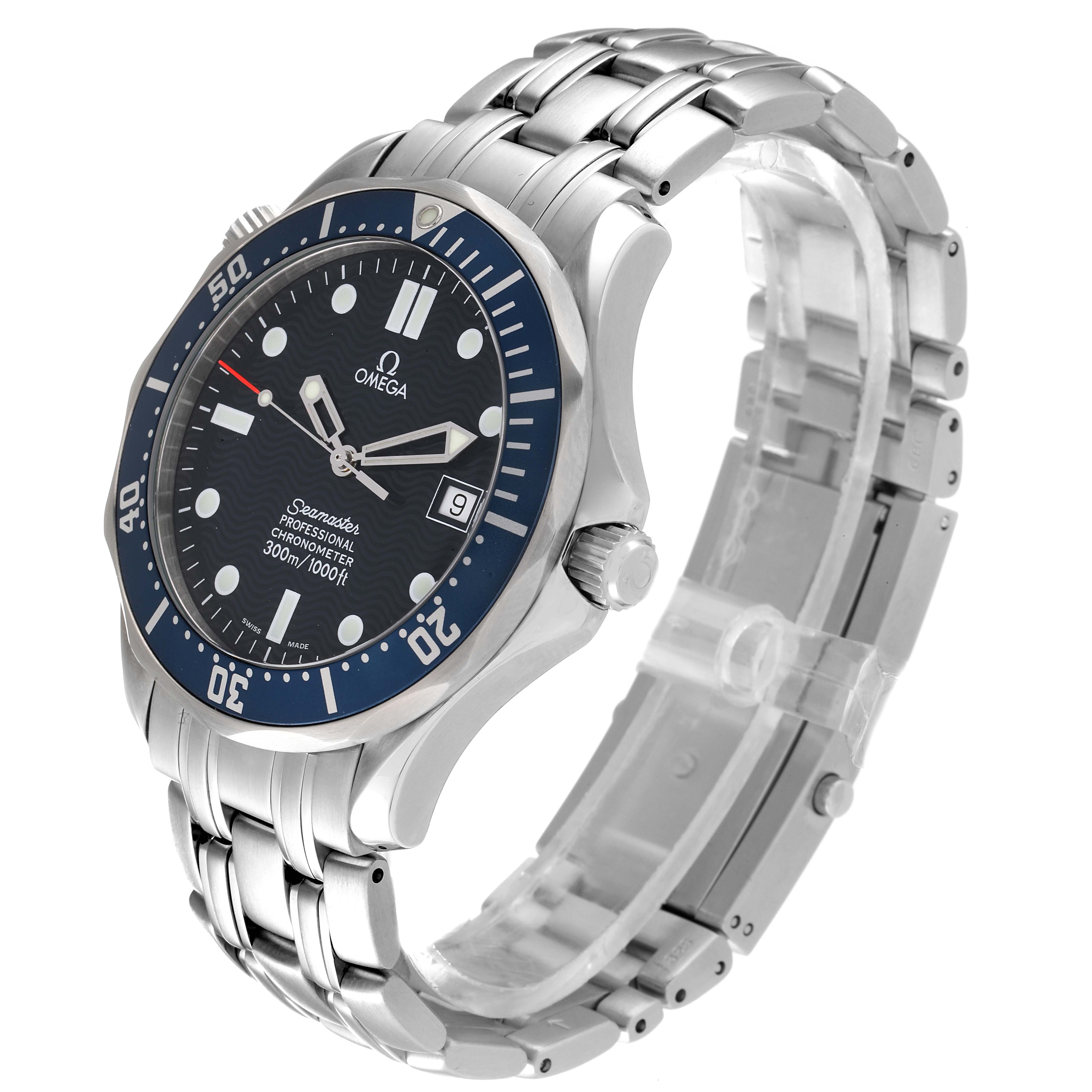 The image shows an Omega Seamaster 2531.80.00 Men's Stainless Steel Blue Dial 2531.80.00 Men's Stainless Steel Blue Dial watch at a three-quarter angle, highlighting the dial, bezel, bracelet, and crown.