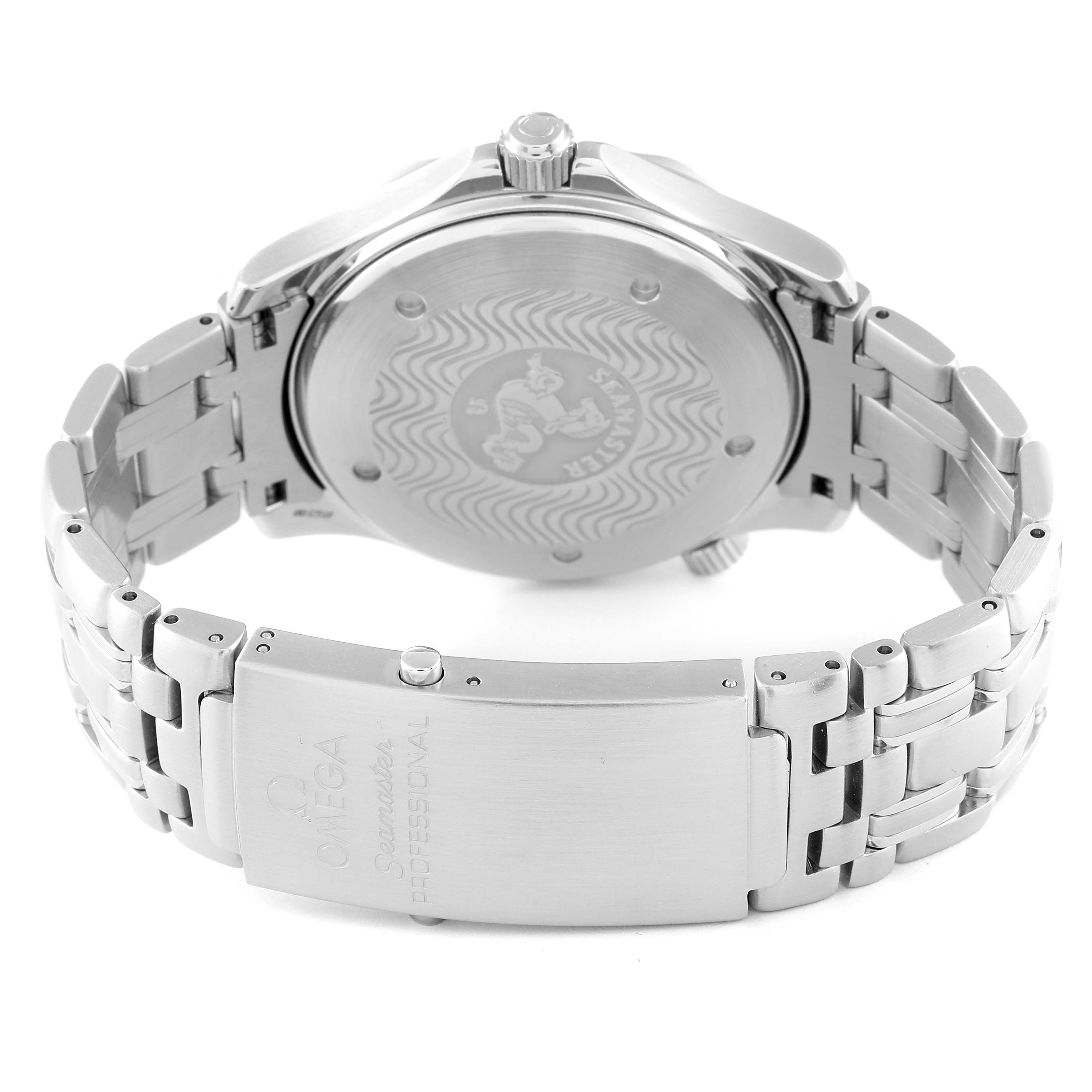 The image shows the back view of an Omega Seamaster 2531.80.00 Men's Stainless Steel Blue Dial 2531.80.00 Men's Stainless Steel Blue Dial watch, highlighting the case back and bracelet clasp.