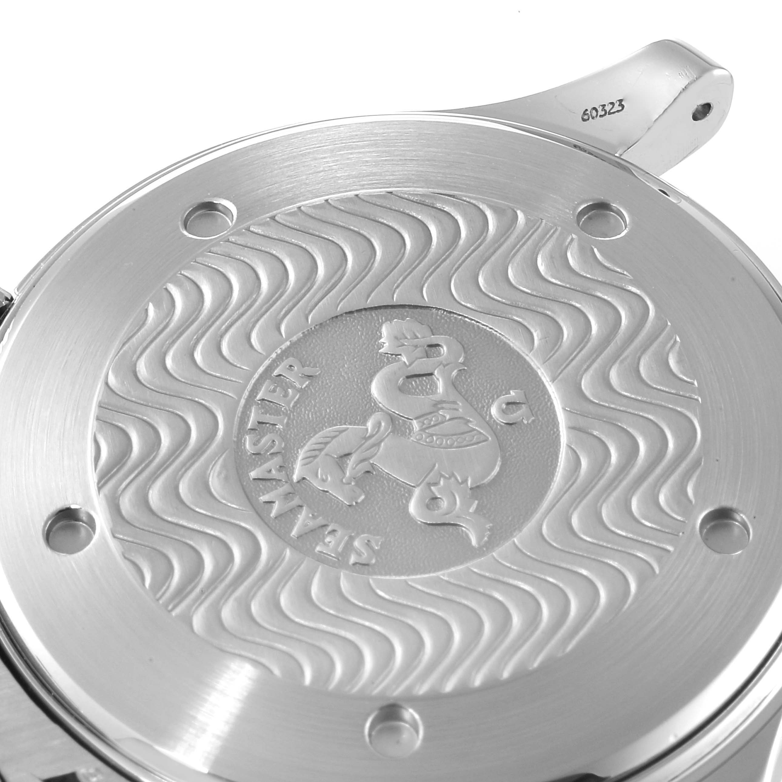 The image shows the back cover of an Omega Seamaster 2531.80.00 Men's Stainless Steel Blue Dial 2531.80.00 Men's Stainless Steel Blue Dial watch at an angled close-up view, highlighting its embossed design and logo.