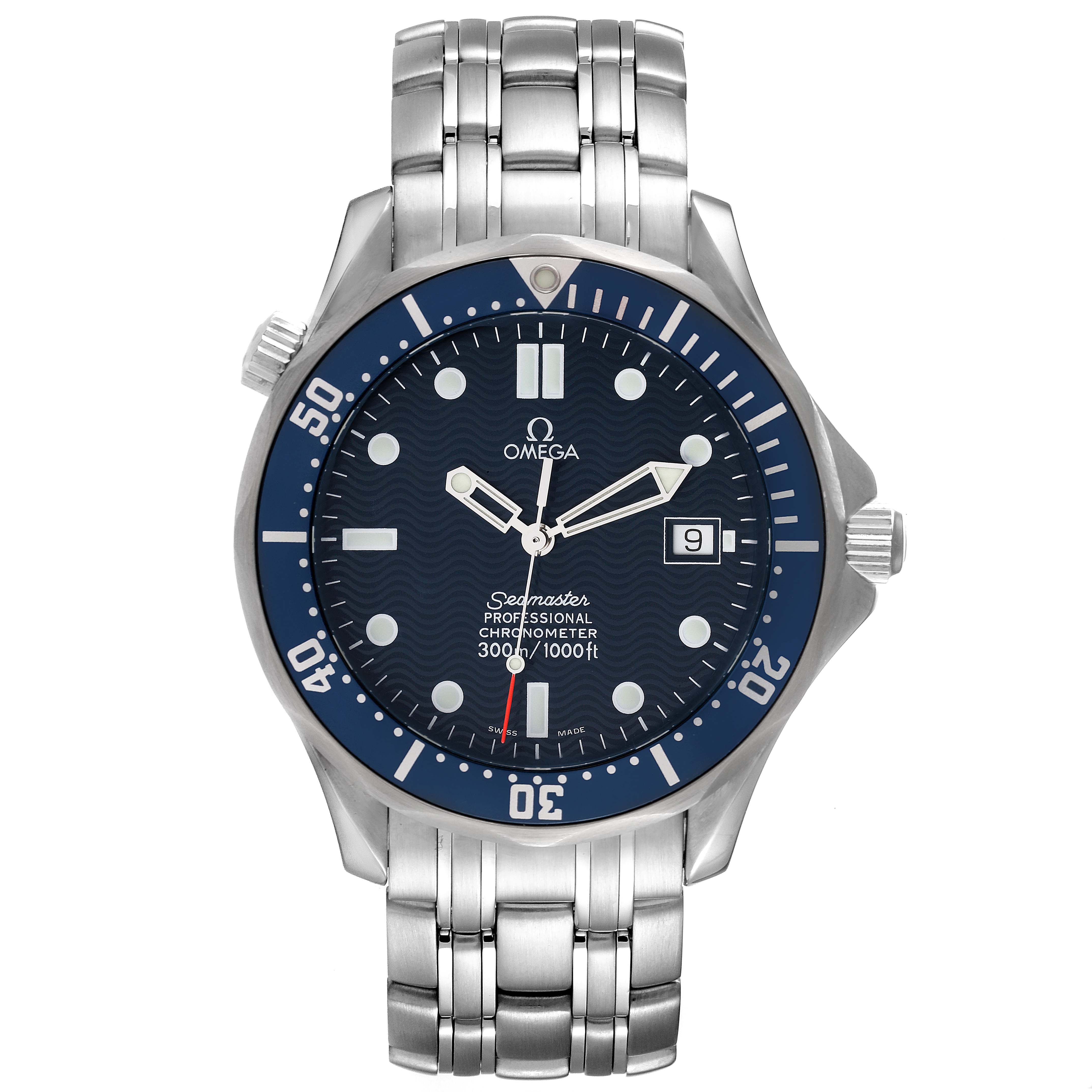 This is a front view of an Omega Seamaster 2531.80.00 Men's Stainless Steel Blue Dial 2531.80.00 Men's Stainless Steel Blue Dial watch, displaying the dial, bezel, bracelet, and crown.