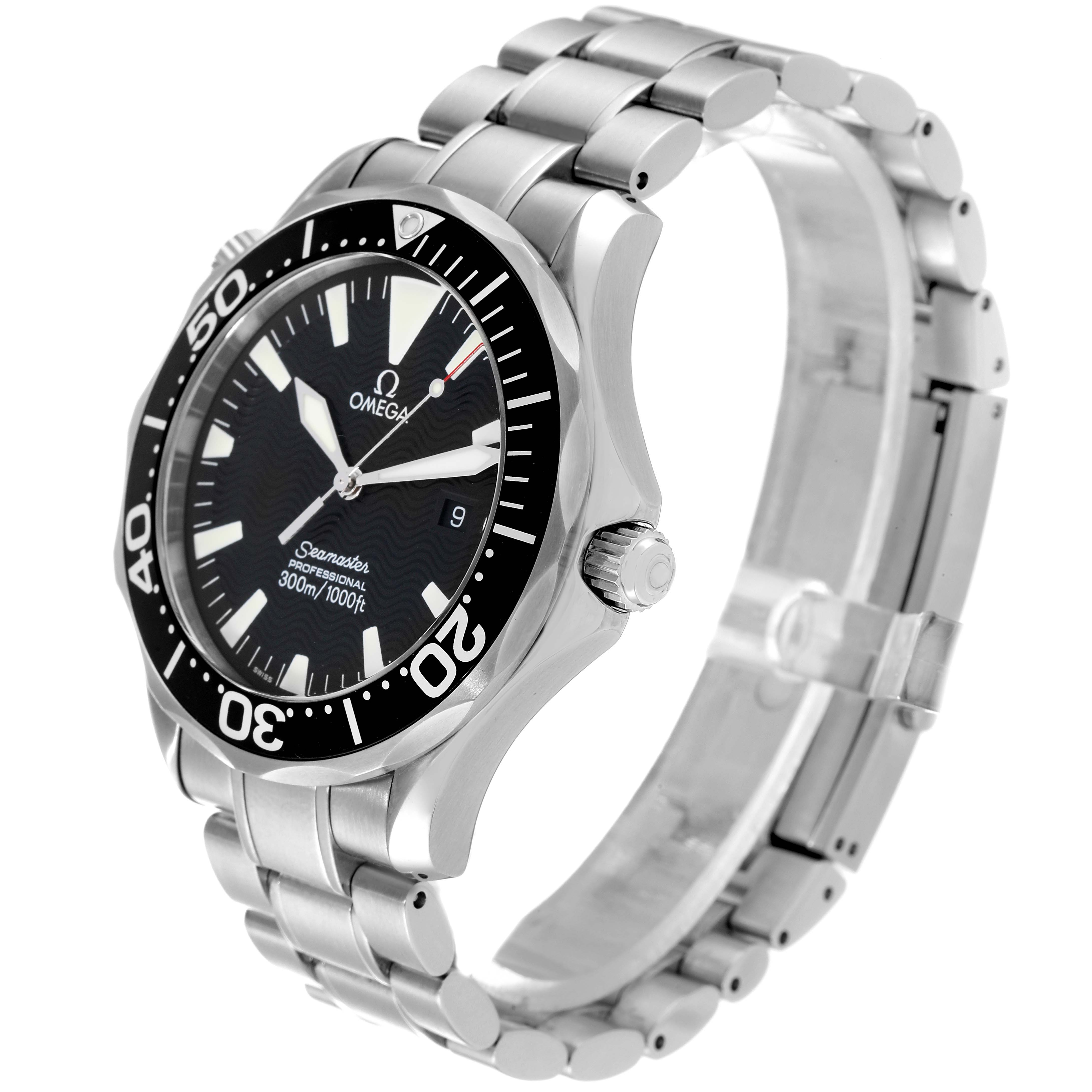 The image shows an Omega Seamaster 2264.50.00 Men's Stainless Steel Black Dial 2264.50.00 Men's Stainless Steel Black Dial watch at a three-quarter angle, highlighting the watch face, bezel, crown, and bracelet.