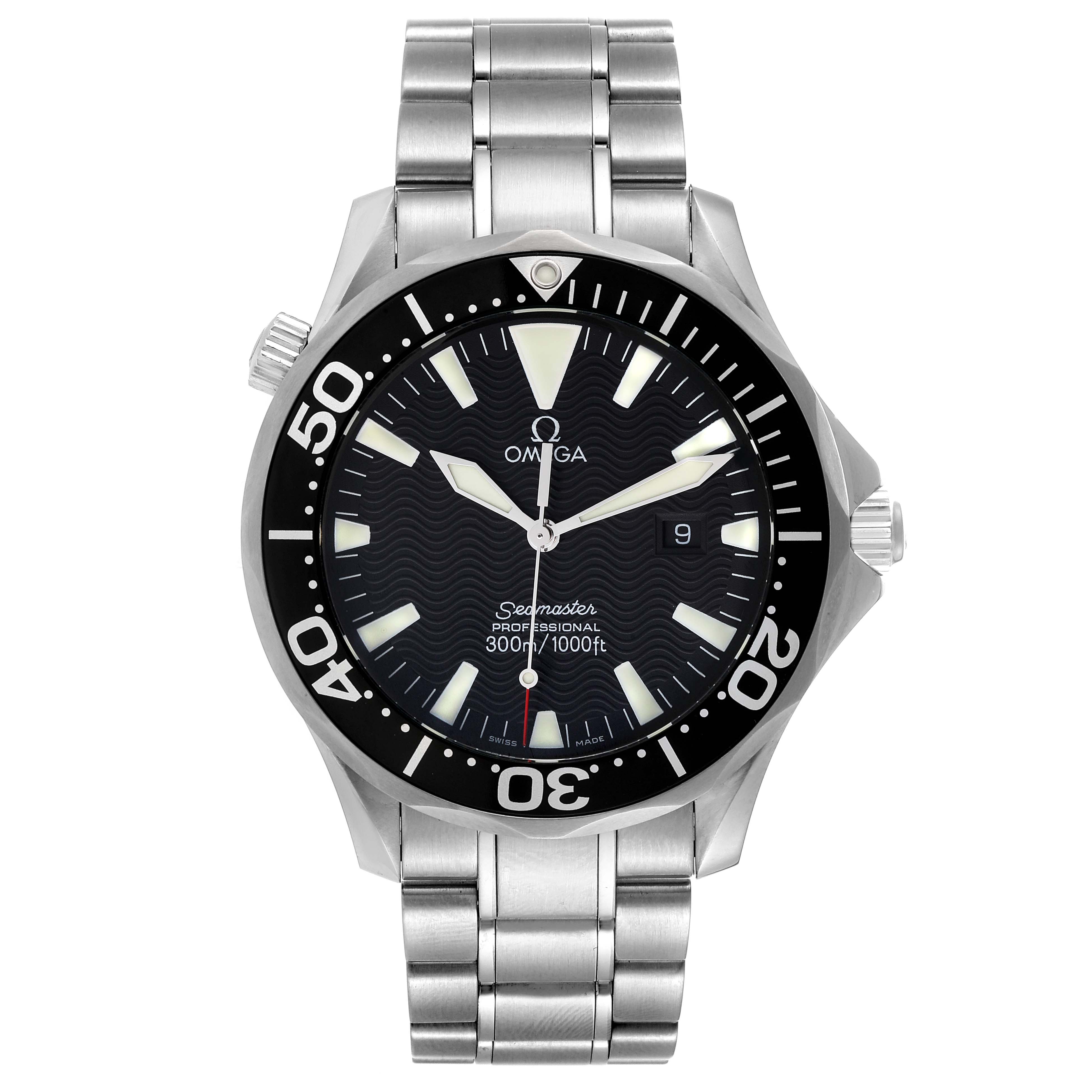The Omega Seamaster 2264.50.00 Men's Stainless Steel Black Dial 2264.50.00 Men's Stainless Steel Black Dial watch is shown from a front view, displaying its face, bezel, and stainless steel bracelet.