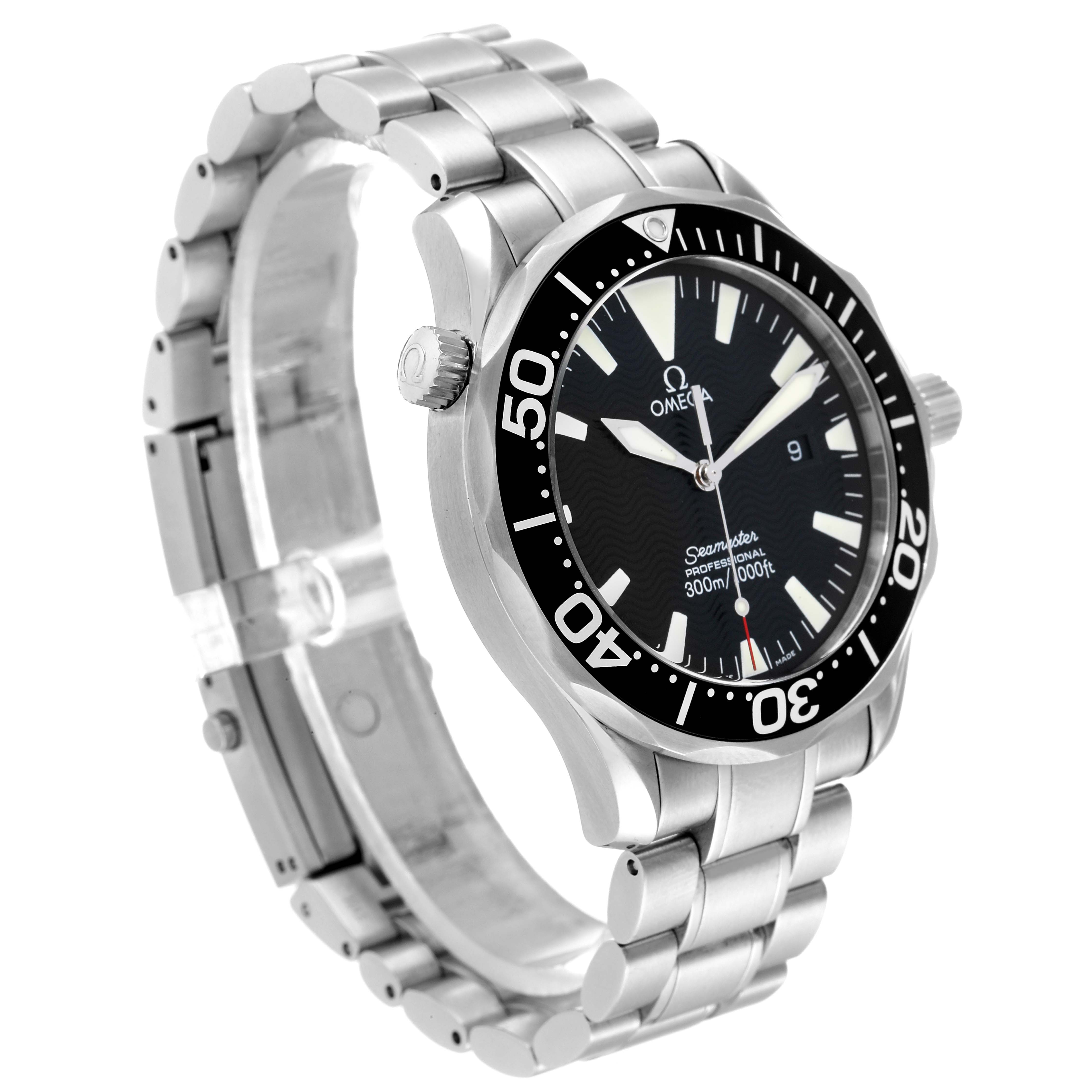 The image shows an angled view of an Omega Seamaster 2264.50.00 Men's Stainless Steel Black Dial 2264.50.00 Men's Stainless Steel Black Dial watch, highlighting its bezel, face, crown, and stainless steel bracelet.