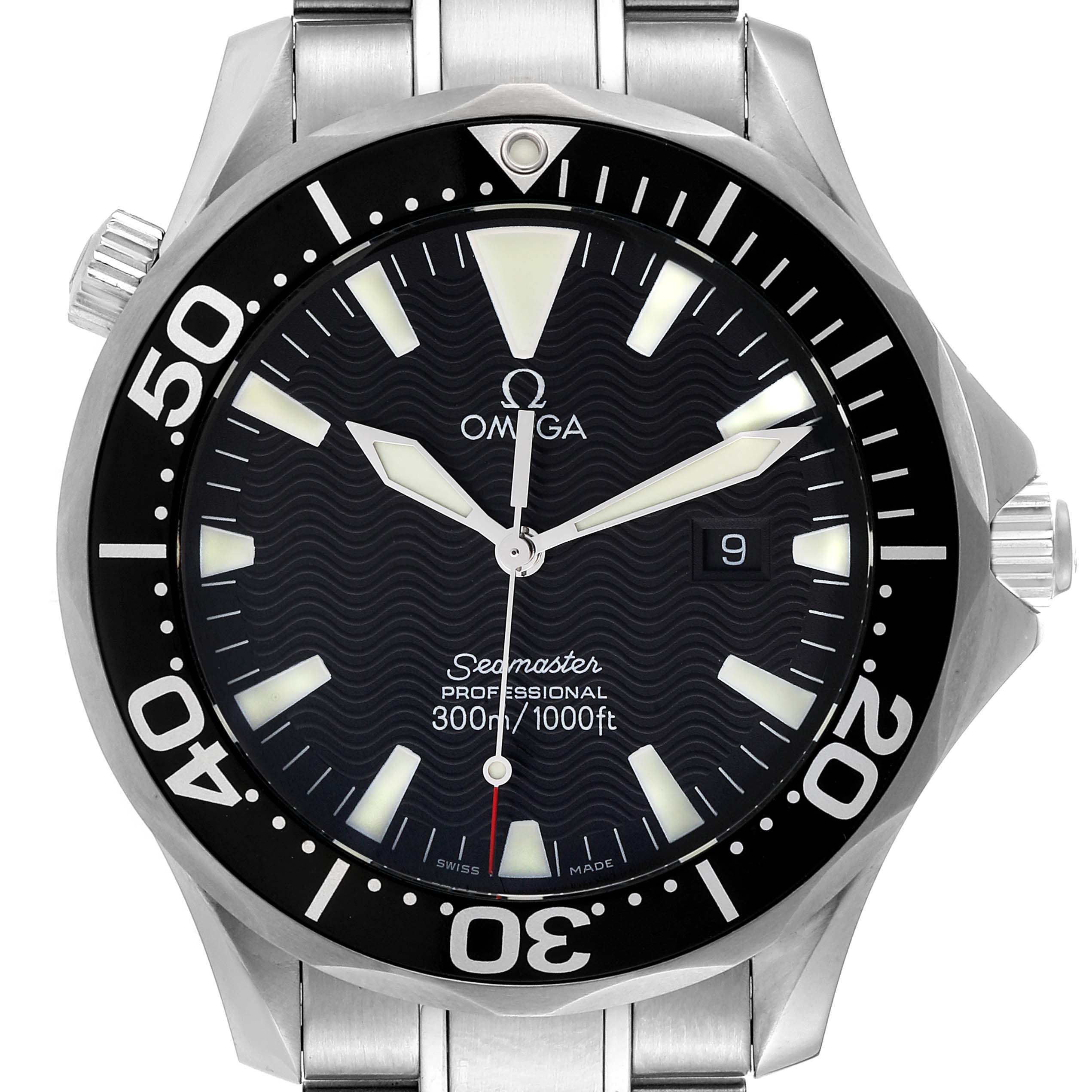 The image shows a front view of an Omega Seamaster 2264.50.00 Men's Stainless Steel Black Dial 2264.50.00 Men's Stainless Steel Black Dial watch, highlighting the dial, bezel, and part of the bracelet.