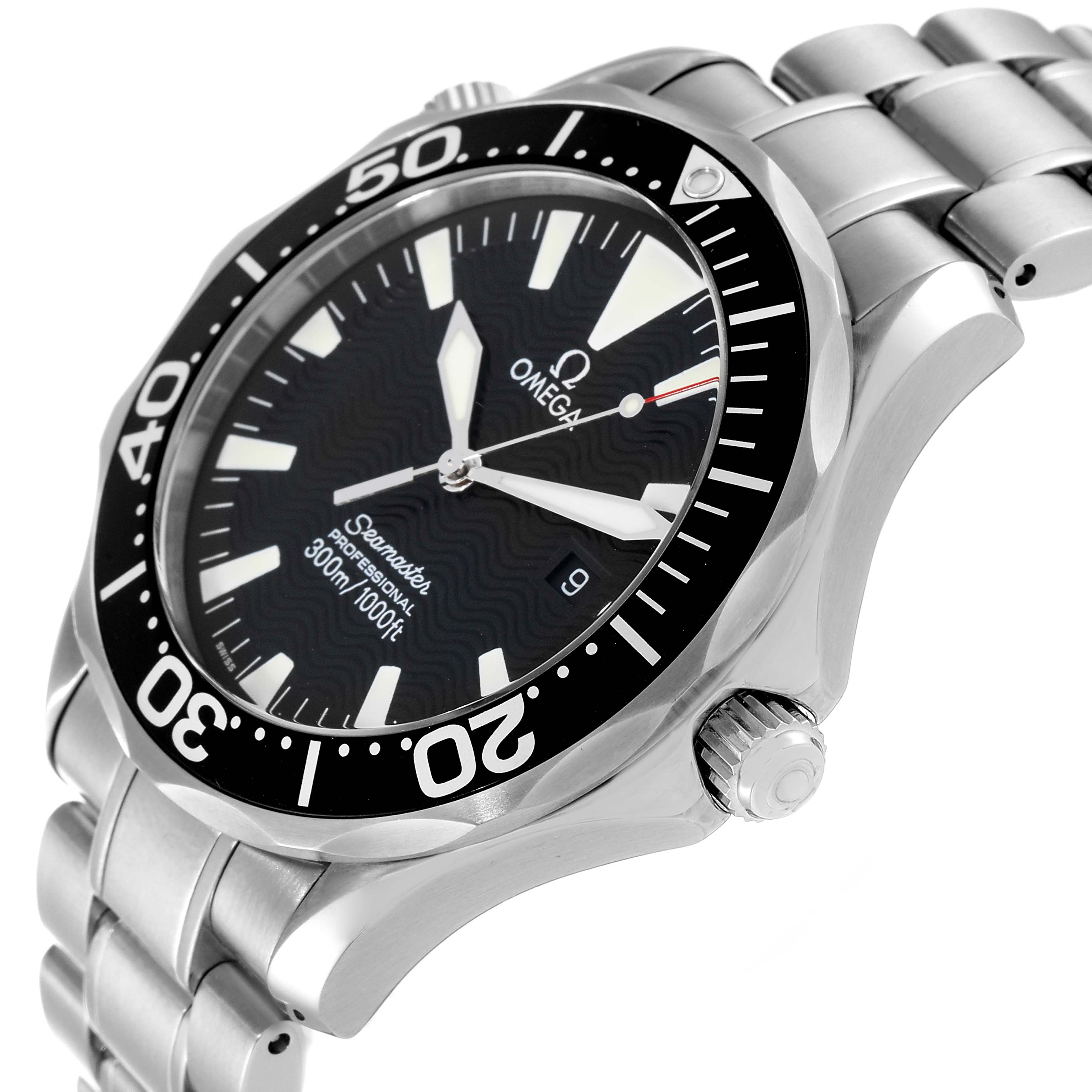 The image shows a side and angled view of an Omega Seamaster 2264.50.00 Men's Stainless Steel Black Dial 2264.50.00 Men's Stainless Steel Black Dial watch, highlighting its bezel, dial, crown, and bracelet.