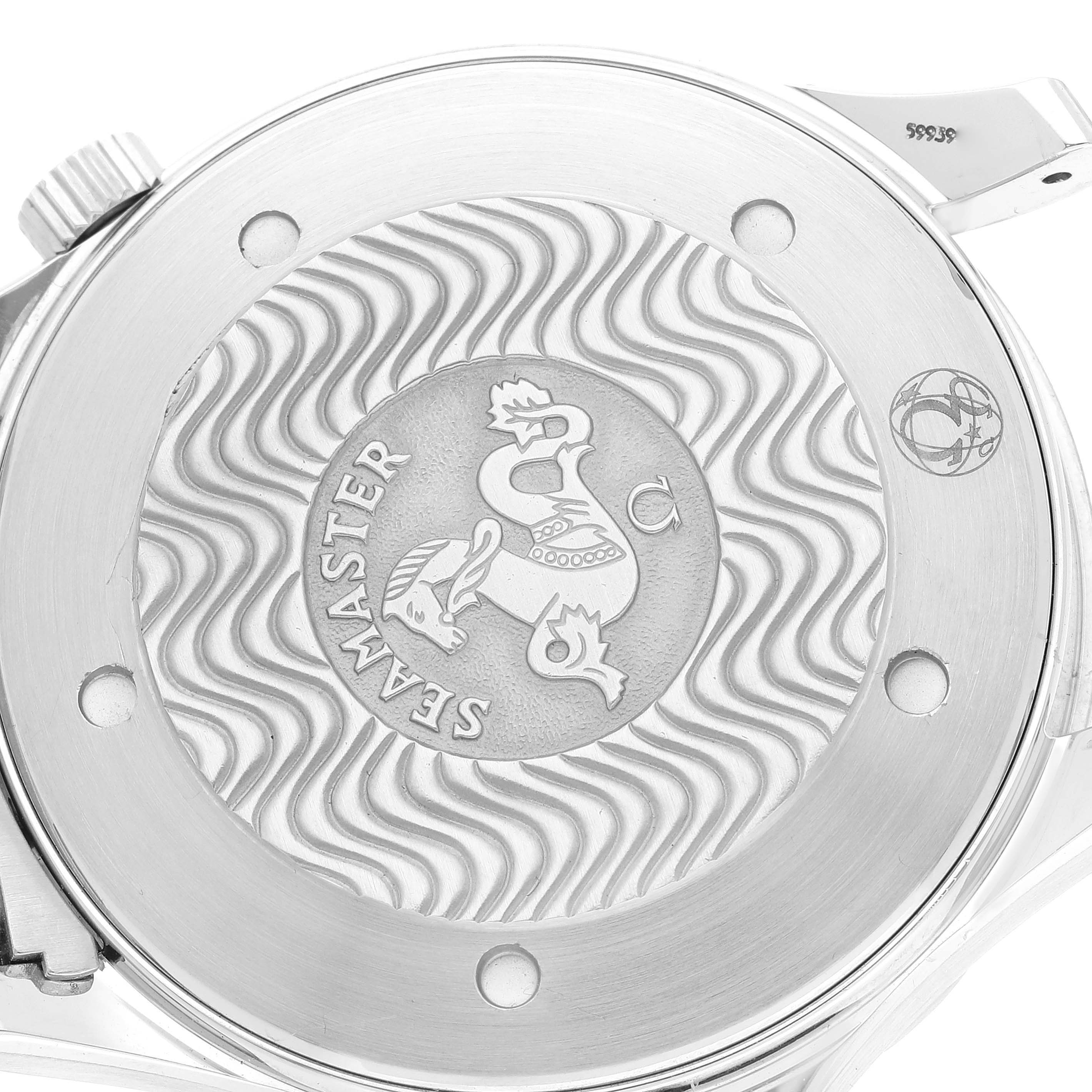 The image shows the case back of an Omega Seamaster 2264.50.00 Men's Stainless Steel Black Dial 2264.50.00 Men's Stainless Steel Black Dial watch, highlighting the engraved logo and wave pattern.