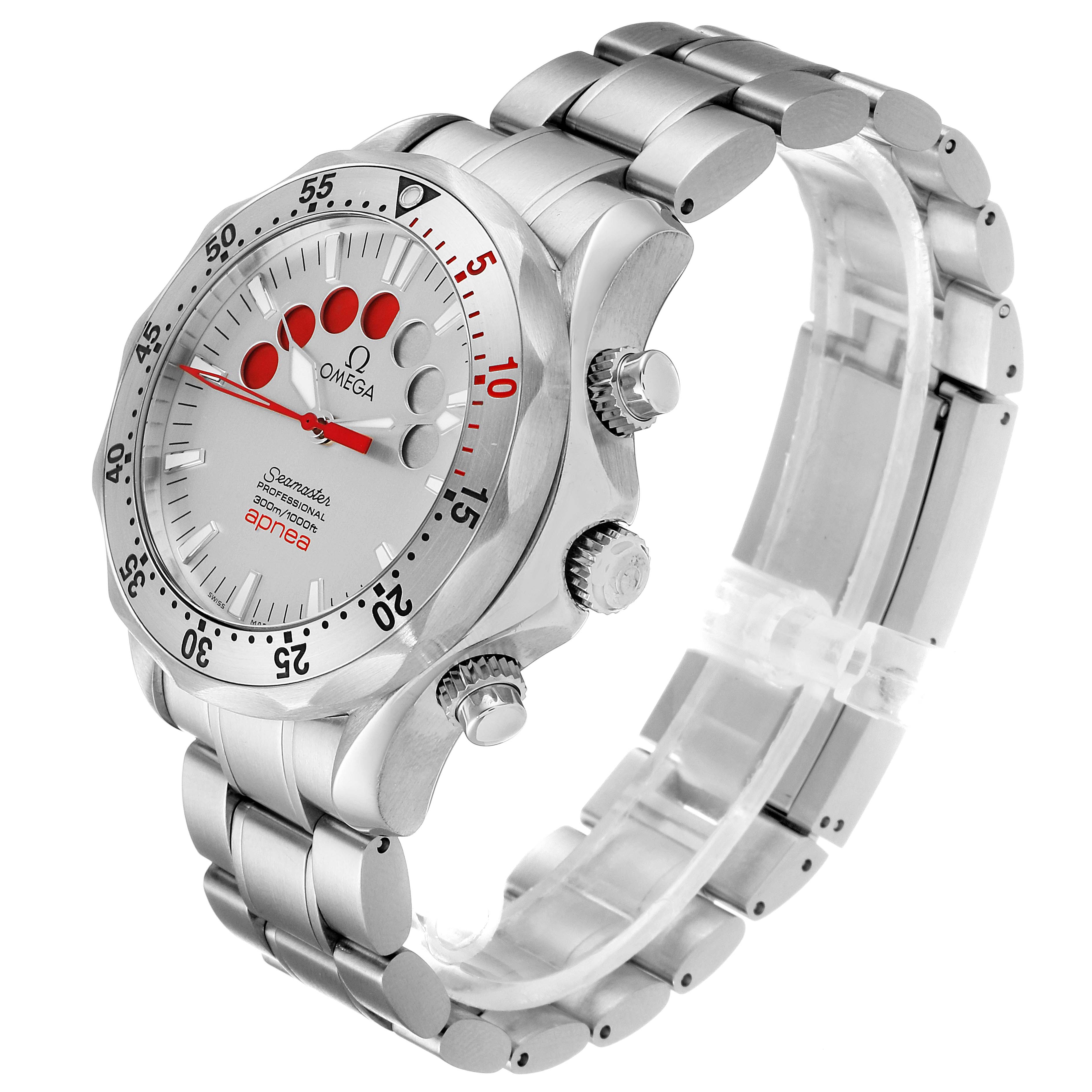 This is an angled right-side view of an Omega Seamaster 2595.30.00 Men
s Stainless Steel Silver Dial 2595.30.00 Men
s Stainless Steel Silver Dial watch, showing the face, bezel, crown, and bracelet.