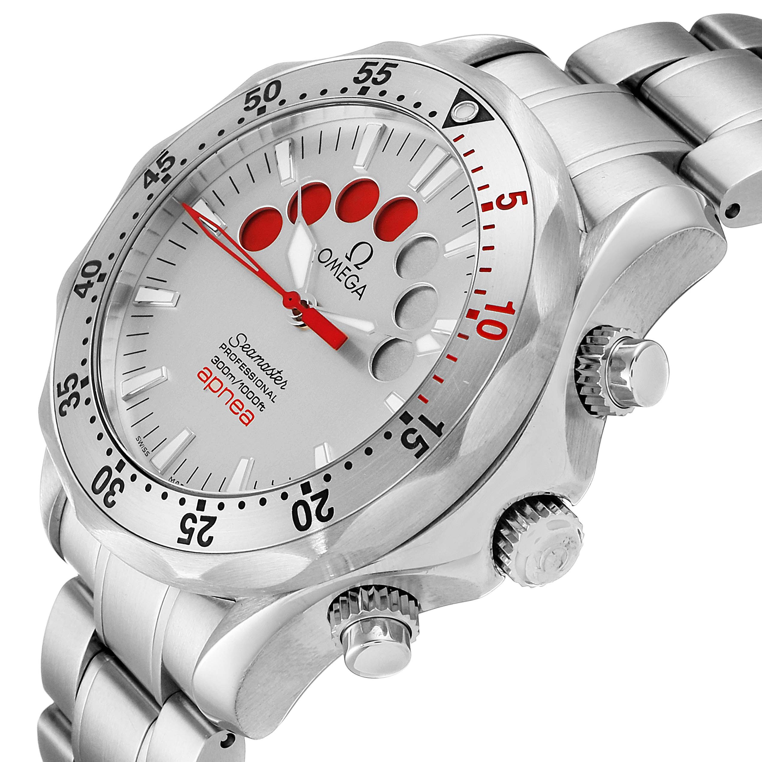 This image shows the Omega Seamaster 2595.30.00 Men
s Stainless Steel Silver Dial 2595.30.00 Men
s Stainless Steel Silver Dial watch angled to display the face, bezel, and a portion of the bracelet.