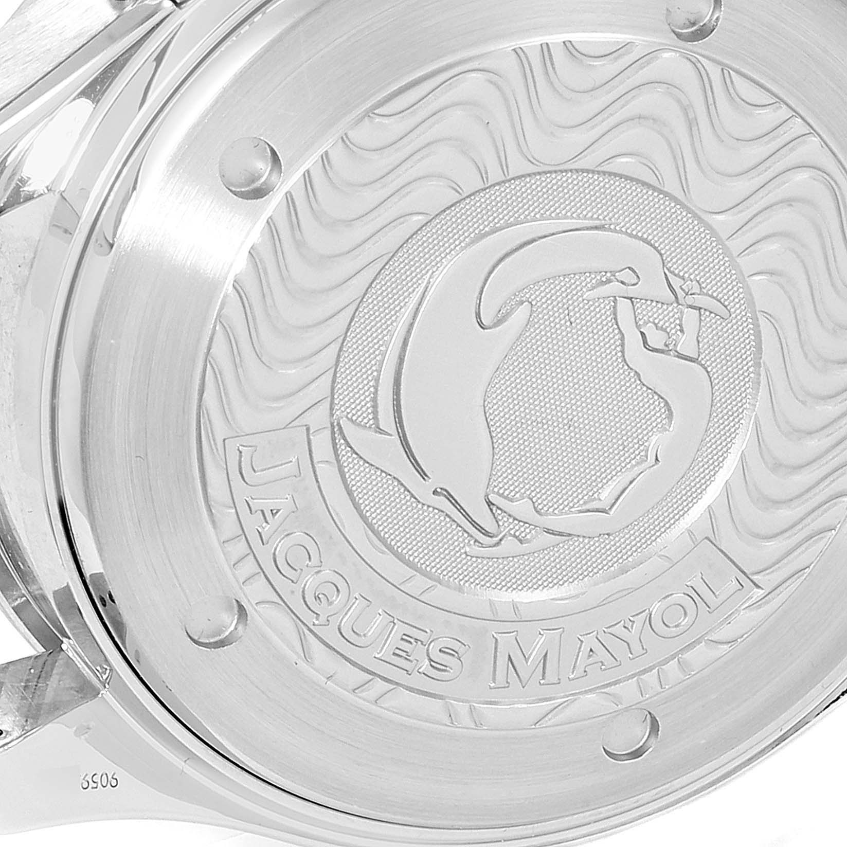 The image shows the case back of an Omega Seamaster 2595.30.00 Men
s Stainless Steel Silver Dial 2595.30.00 Men
s Stainless Steel Silver Dial watch with an engraved Jacques Mayol design.
