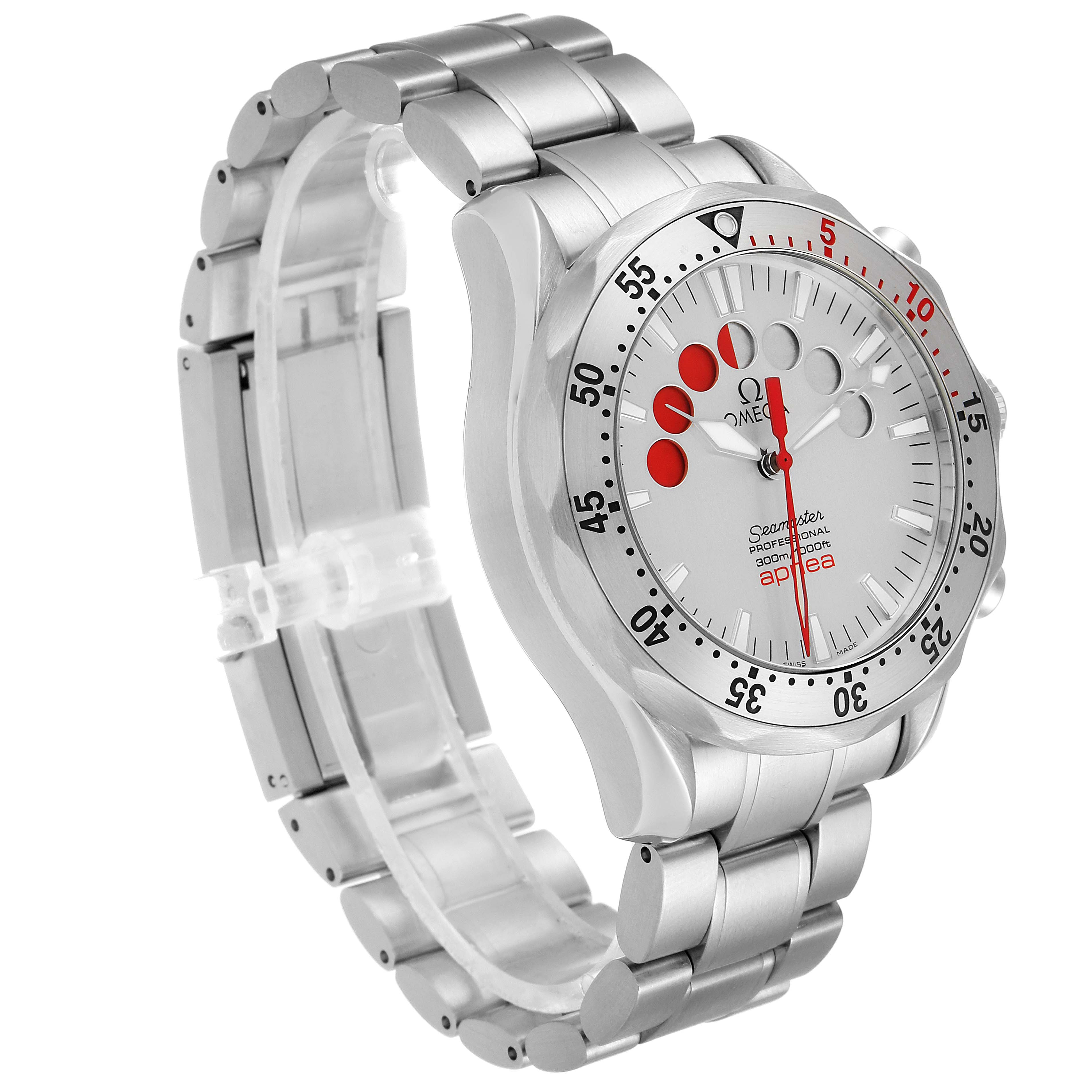 The image shows an Omega Seamaster 2595.30.00 Men
s Stainless Steel Silver Dial 2595.30.00 Men
s Stainless Steel Silver Dial watch at a three-quarter angle, highlighting the dial, bezel, and bracelet.