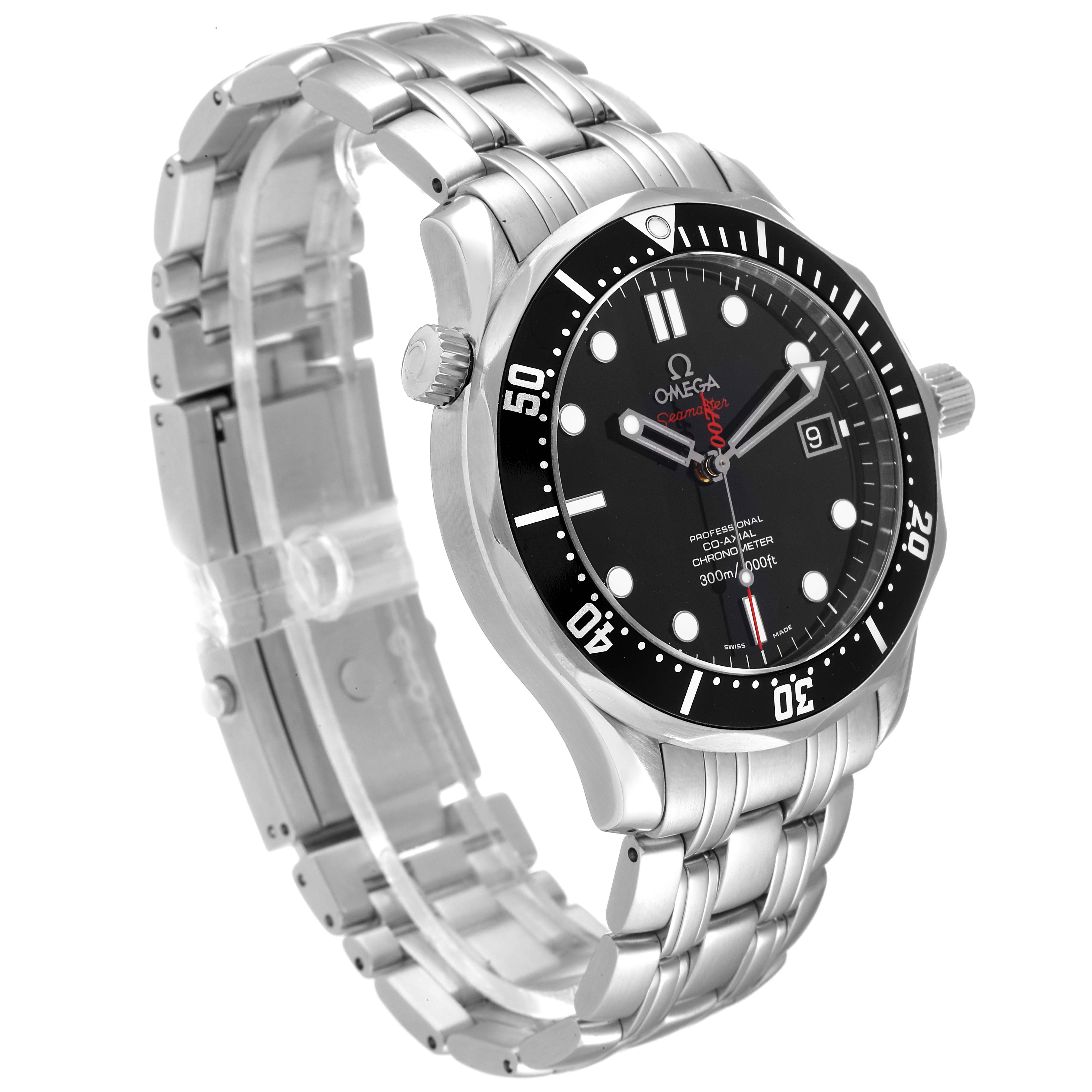 The Omega Seamaster 212.30.41.20.01.001 Men's Stainless Steel Black Dial 212.30.41.20.01.001 Men's Stainless Steel Black Dial watch is shown at an angled side view, highlighting its black dial, bezel, and metal bracelet.