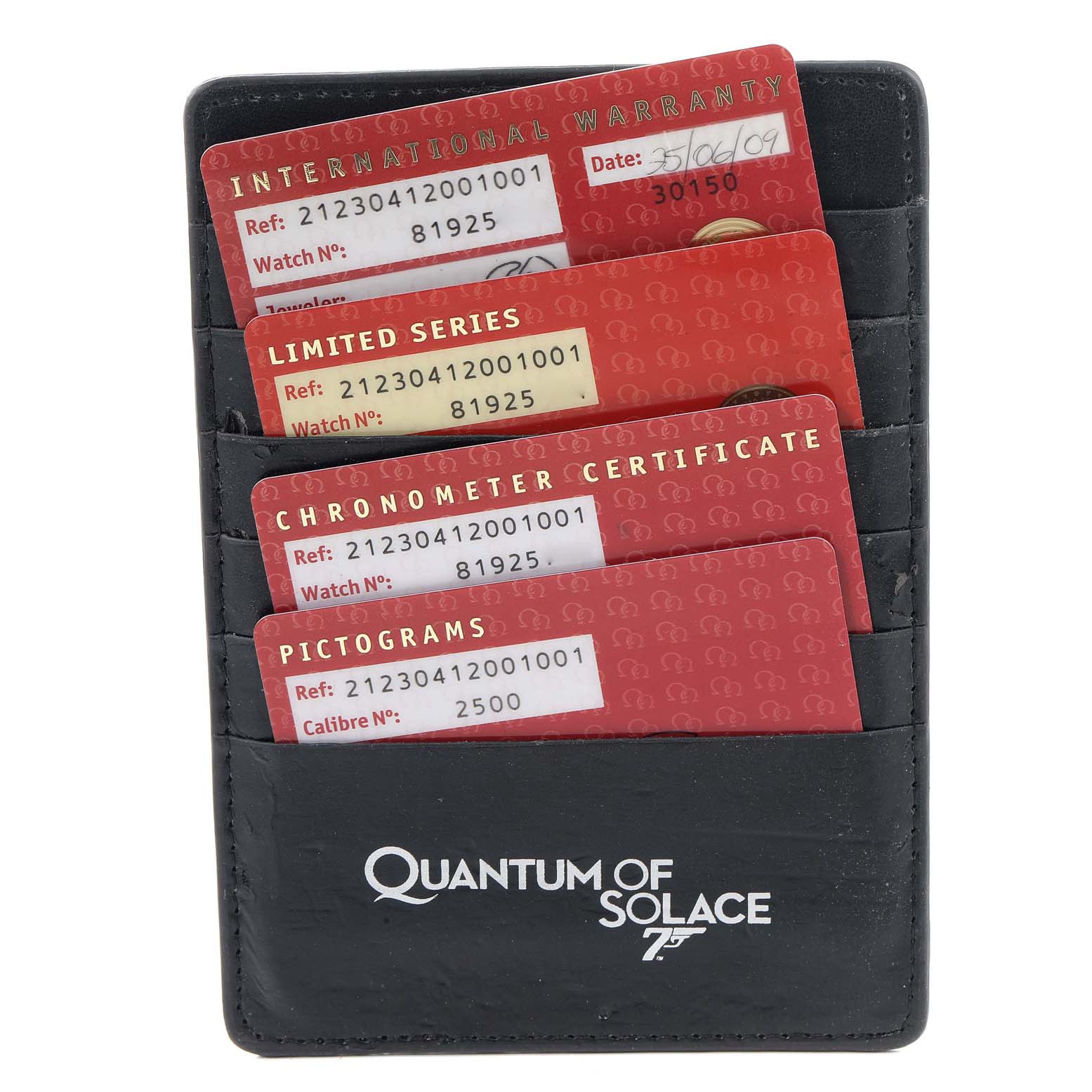 The image shows warranty and certification cards for an Omega Seamaster 212.30.41.20.01.001 Men's Stainless Steel Black Dial 212.30.41.20.01.001 Men's Stainless Steel Black Dial watch, placed in a Quantum of Solace branded holder.