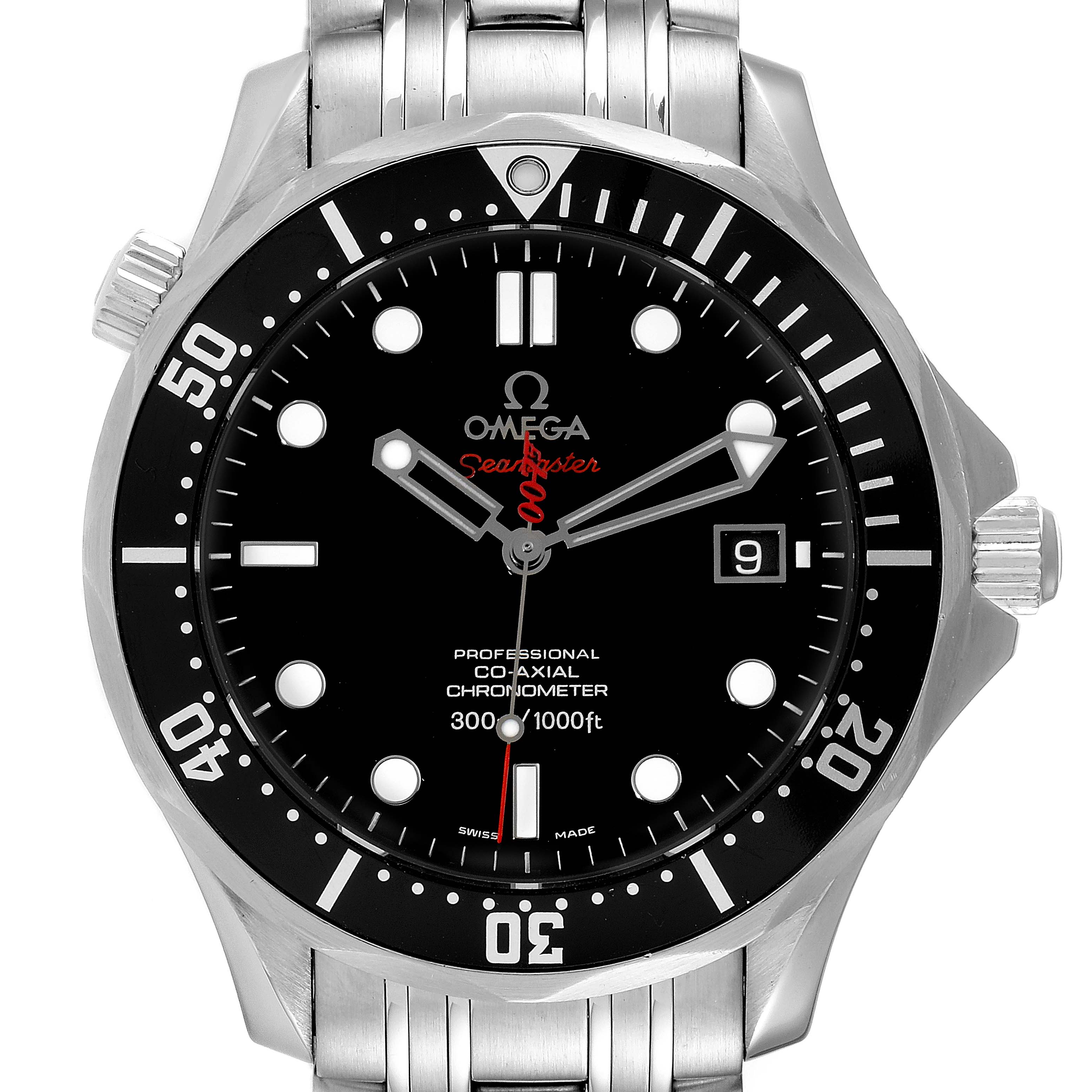 The image shows the front view of an Omega Seamaster 212.30.41.20.01.001 Men's Stainless Steel Black Dial 212.30.41.20.01.001 Men's Stainless Steel Black Dial watch, displaying the dial, bezel, hands, and part of the band.