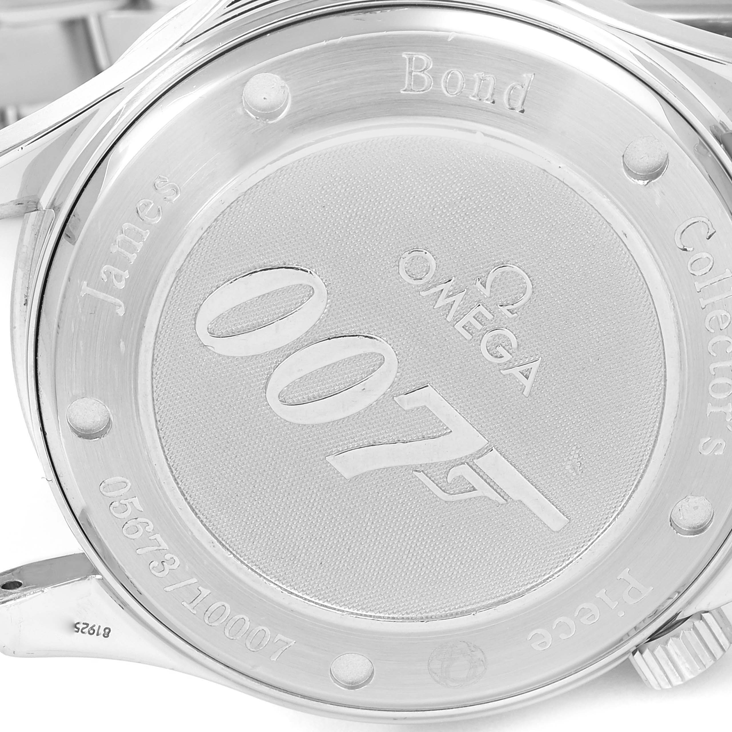 The image shows the case back of an Omega Seamaster 212.30.41.20.01.001 Men's Stainless Steel Black Dial 212.30.41.20.01.001 Men's Stainless Steel Black Dial watch, engraved with "007" and "James Bond Collector's Piece."