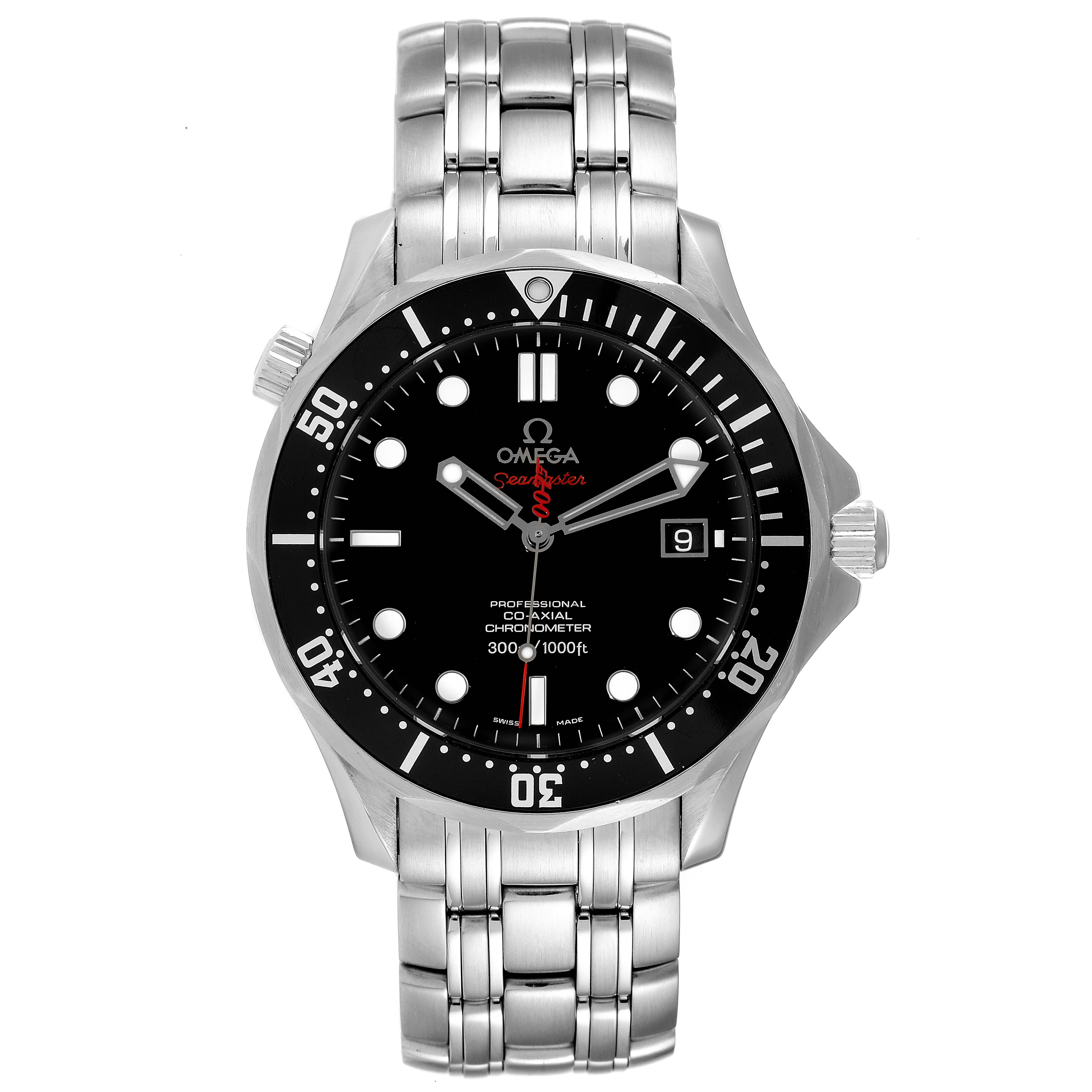 The Omega Seamaster 212.30.41.20.01.001 Men's Stainless Steel Black Dial 212.30.41.20.01.001 Men's Stainless Steel Black Dial watch is shown from a front angle, displaying its face, bezel, date window, and metal bracelet.