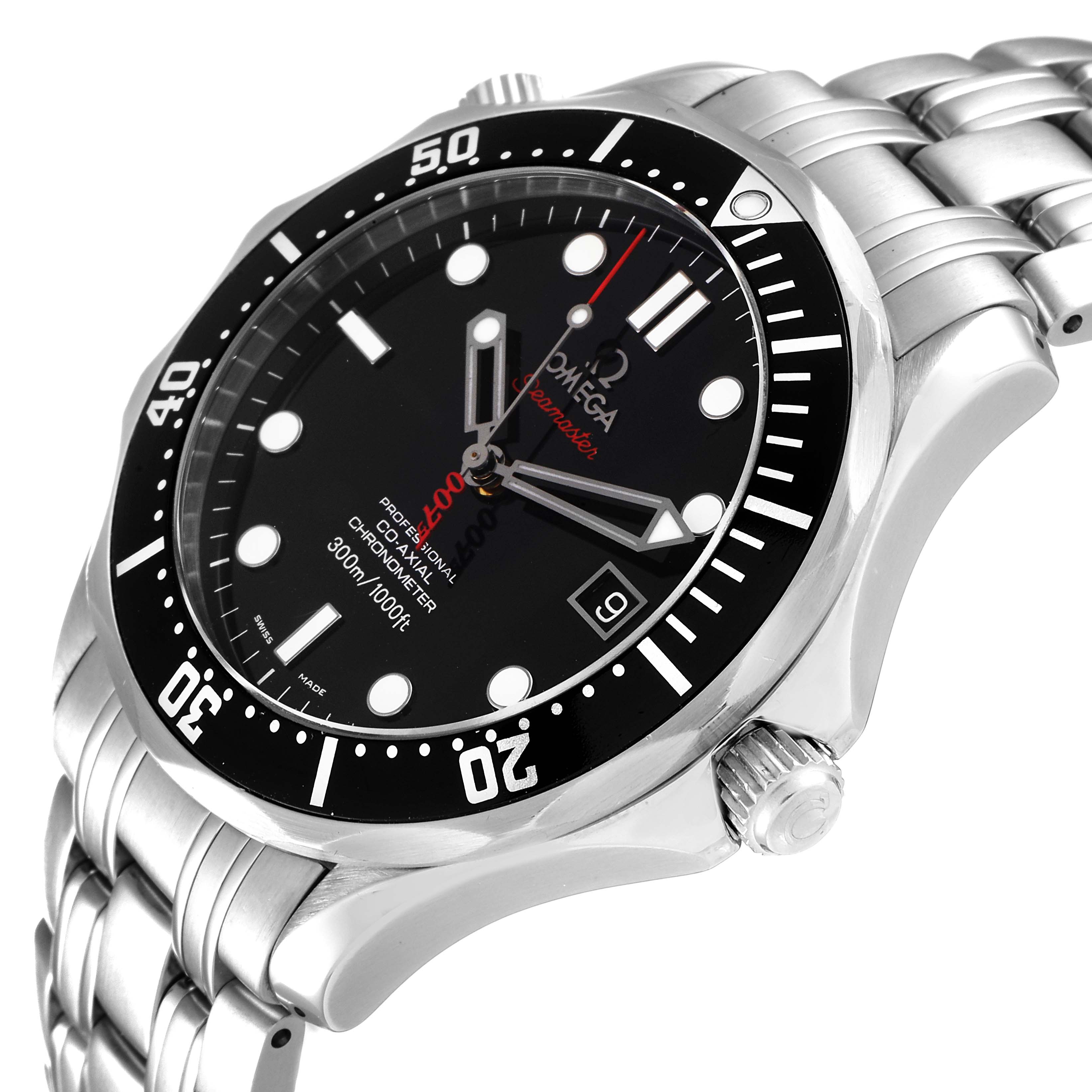The image shows the Omega Seamaster 212.30.41.20.01.001 Men's Stainless Steel Black Dial 212.30.41.20.01.001 Men's Stainless Steel Black Dial watch at an angle highlighting its face, bezel, and stainless steel bracelet.