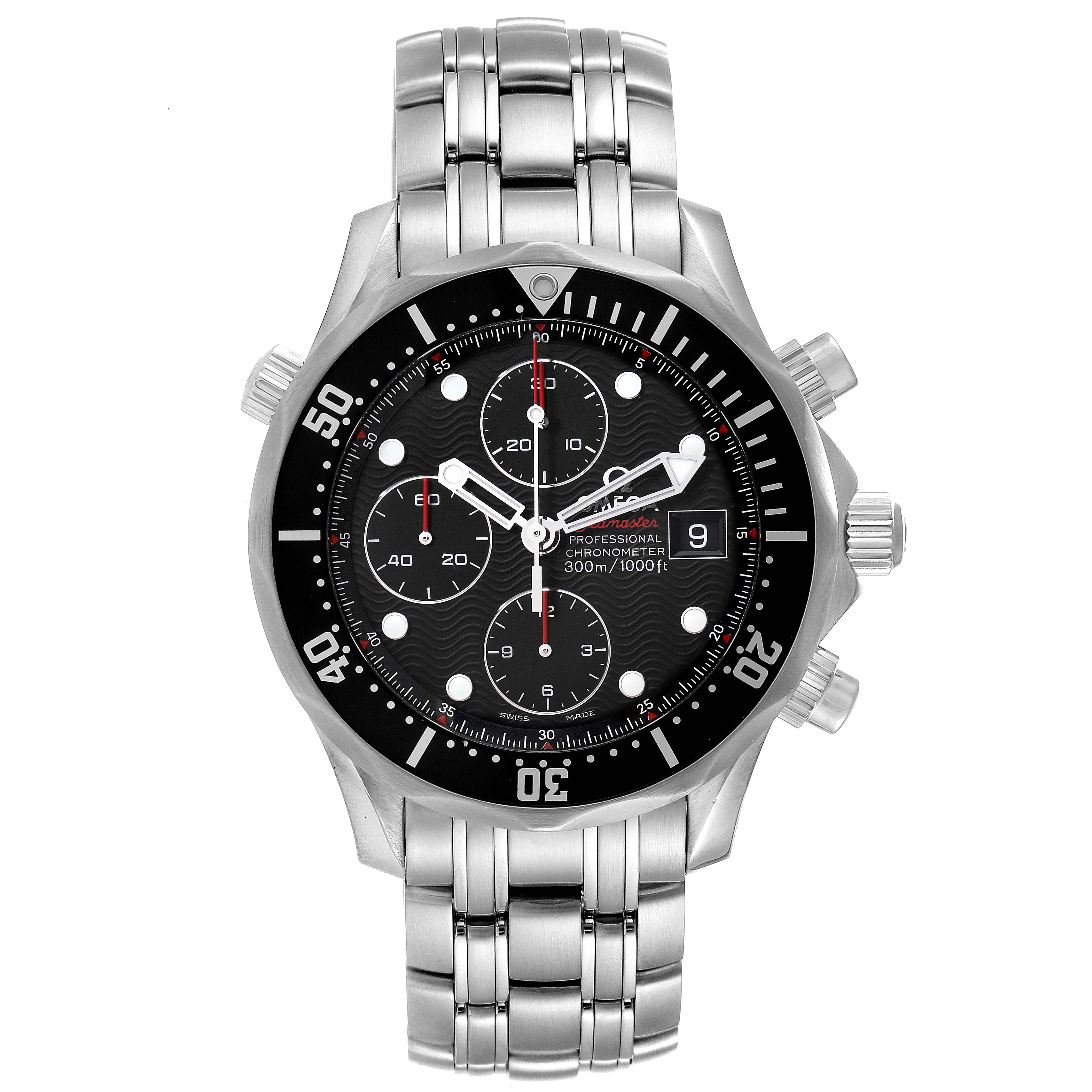 The image shows a front view of an Omega Seamaster 213.30.42.40.01.001 Men's Stainless Steel Black Dial 213.30.42.40.01.001 Men's Stainless Steel Black Dial watch, highlighting the face, bezel, and stainless steel bracelet.