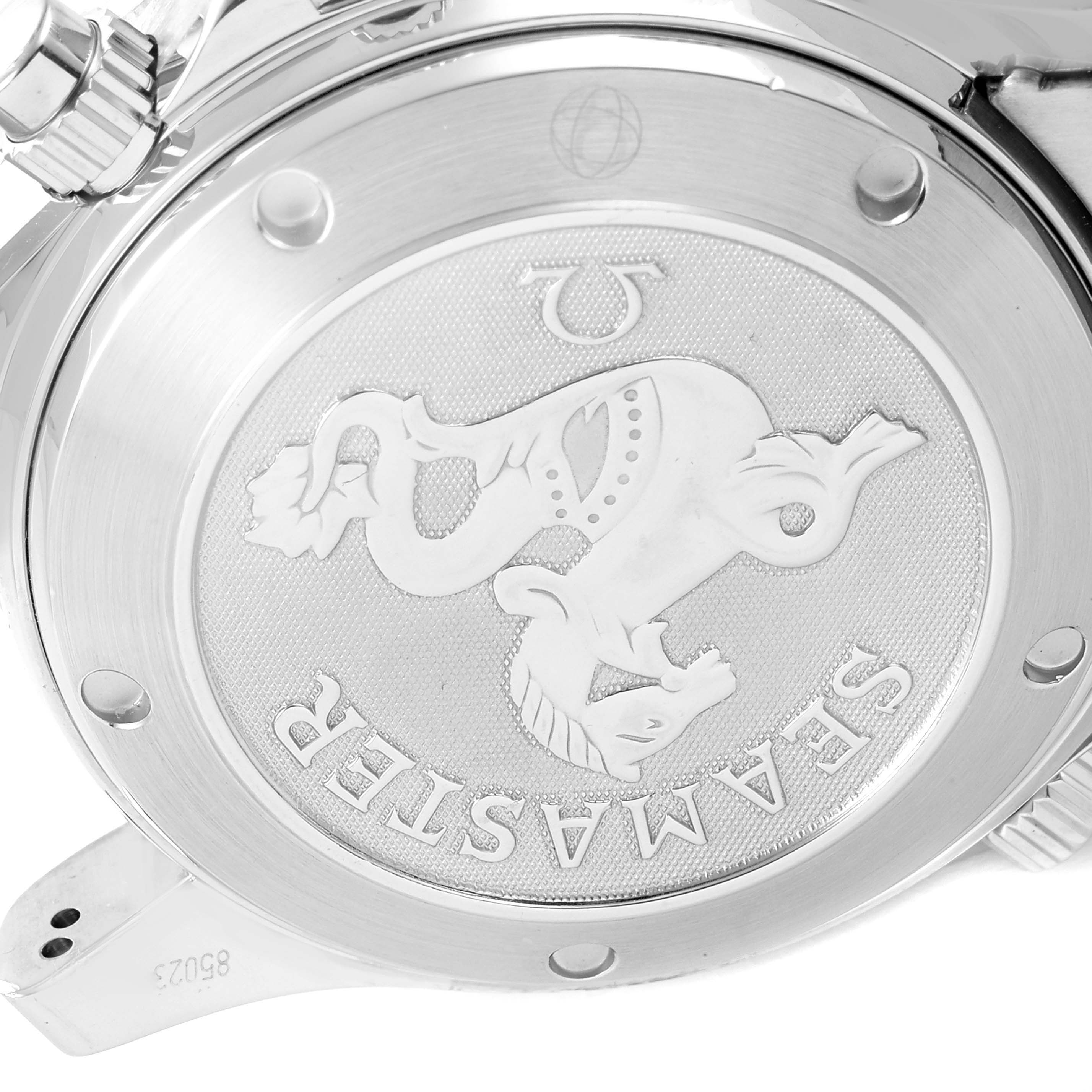 The image shows the case back of the Omega Seamaster 213.30.42.40.01.001 Men's Stainless Steel Black Dial 213.30.42.40.01.001 Men's Stainless Steel Black Dial watch, featuring the engraved emblem.