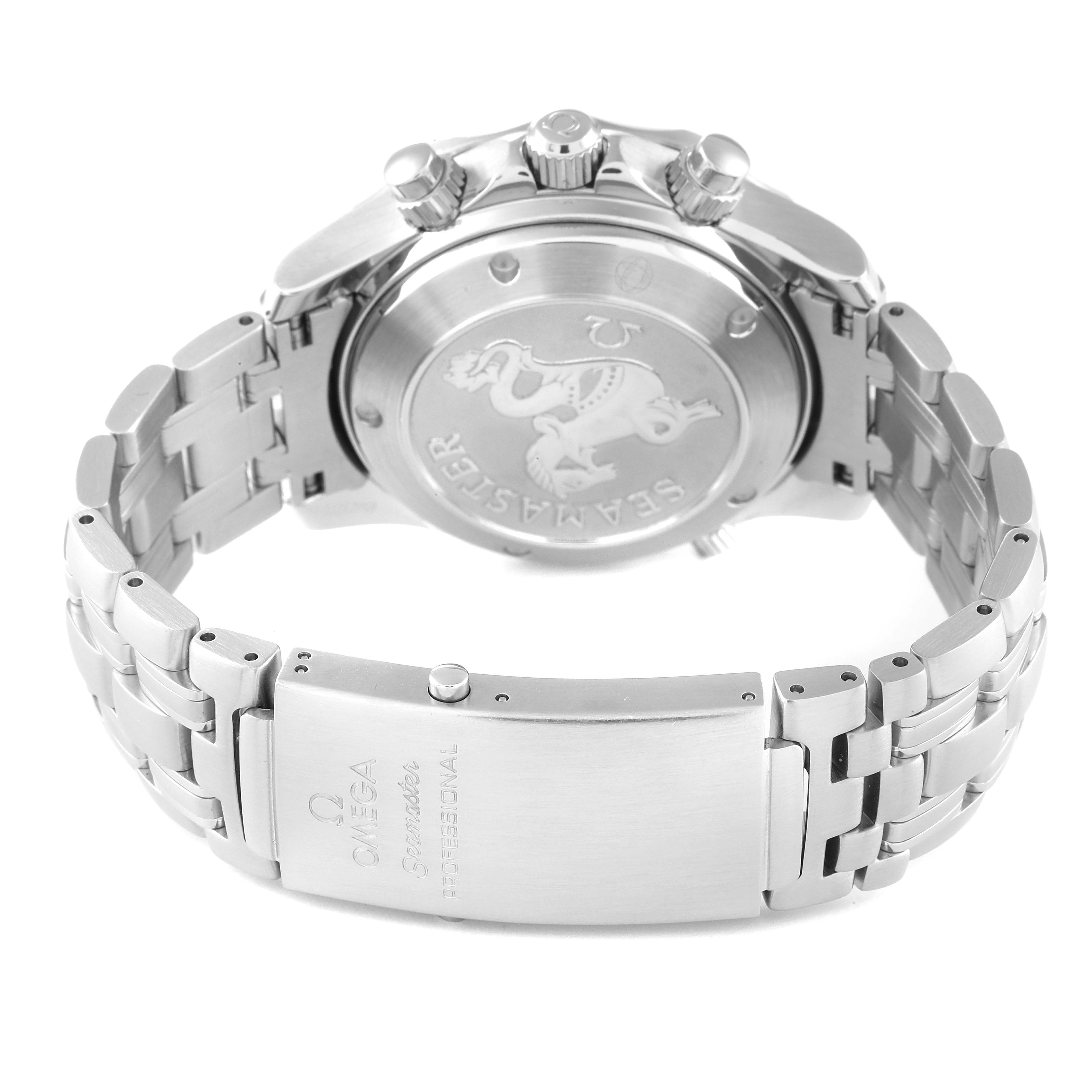 The image shows the back case and bracelet clasp of an Omega Seamaster 213.30.42.40.01.001 Men's Stainless Steel Black Dial 213.30.42.40.01.001 Men's Stainless Steel Black Dial watch, showcasing its engravings and stainless steel links.