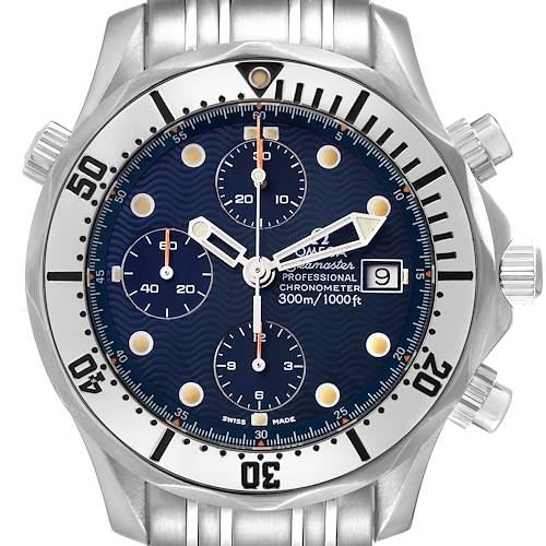 This image shows a front view of an Omega Seamaster watch, highlighting its dial, bezel, and chronograph features.