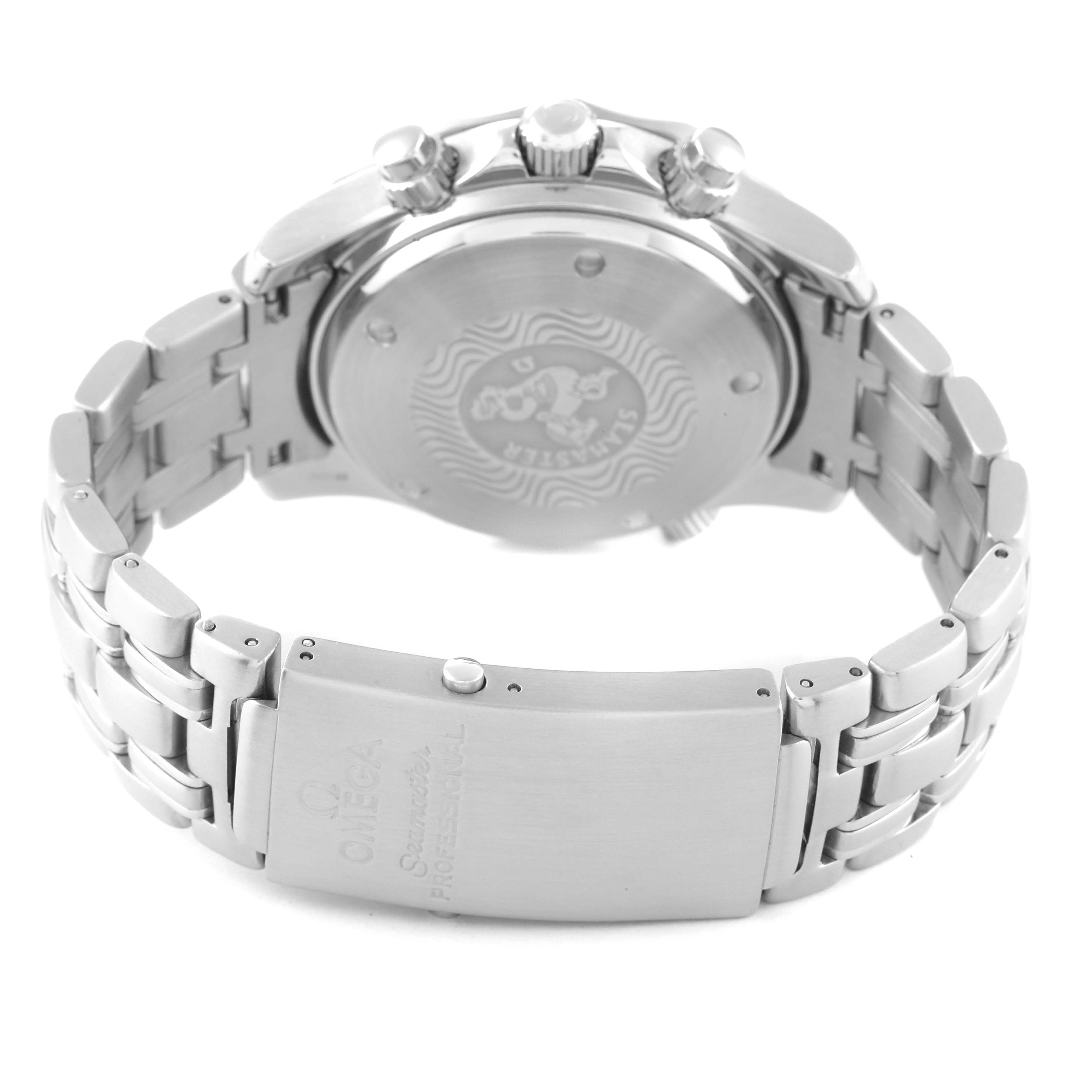 This image shows the back view of an Omega Seamaster 2598.80.00 Men's Stainless Steel Blue Dial 2598.80.00 Men's Stainless Steel Blue Dial watch, highlighting the bracelet, clasp, and case back.