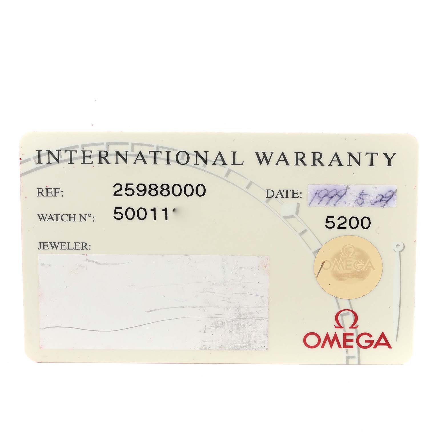 This image shows the International Warranty card for an Omega Seamaster 2598.80.00 Men's Stainless Steel Blue Dial 2598.80.00 Men's Stainless Steel Blue Dial watch, detailing the reference, watch number, and date of purchase.