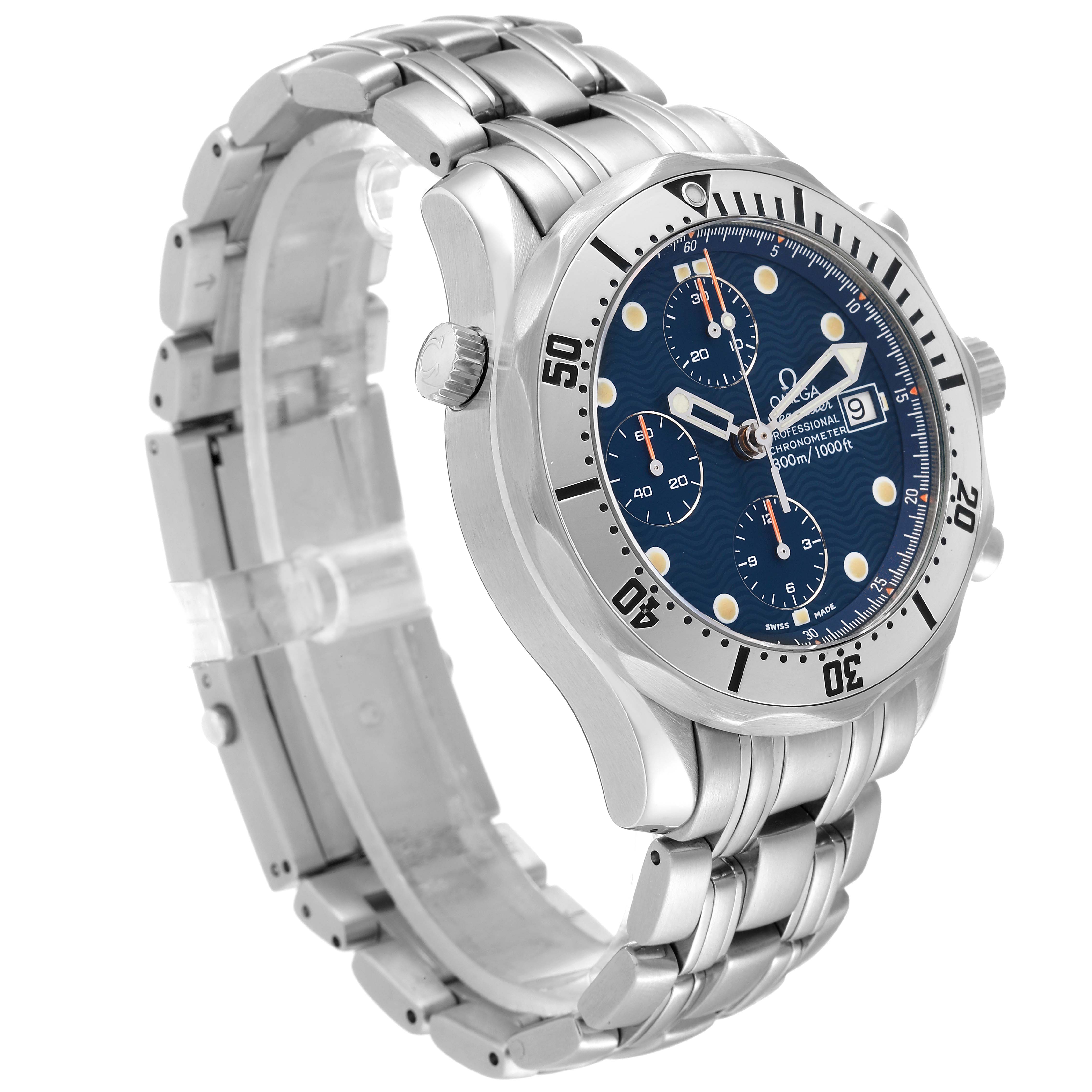 The Omega Seamaster 2598.80.00 Men's Stainless Steel Blue Dial 2598.80.00 Men's Stainless Steel Blue Dial watch is shown at a slight angle, displaying the face, bezel, crown, and a portion of the metal bracelet.