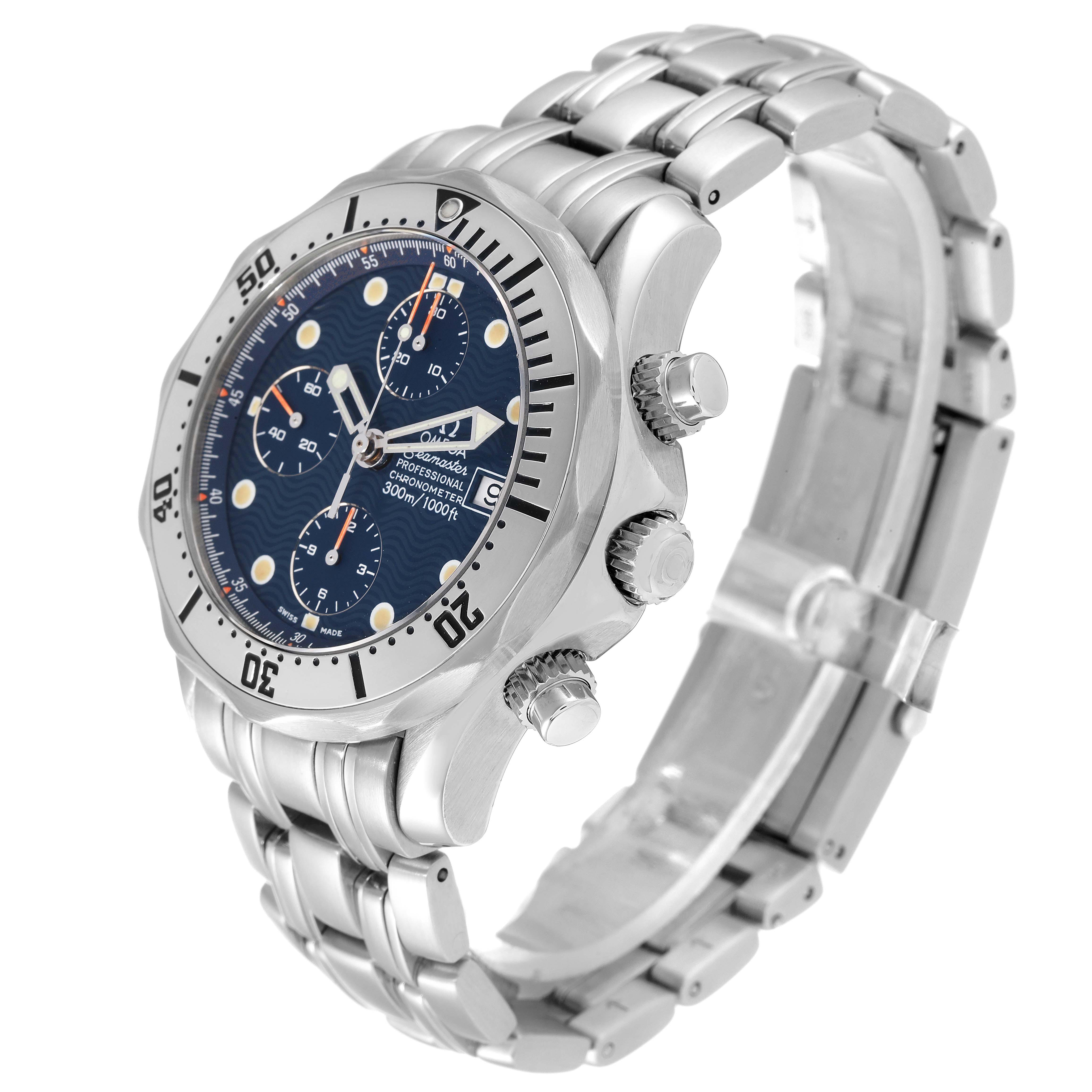 The image shows an angled front and side view of an Omega Seamaster 2598.80.00 Men's Stainless Steel Blue Dial 2598.80.00 Men's Stainless Steel Blue Dial watch with its bezel, dial, and bracelet clearly visible.