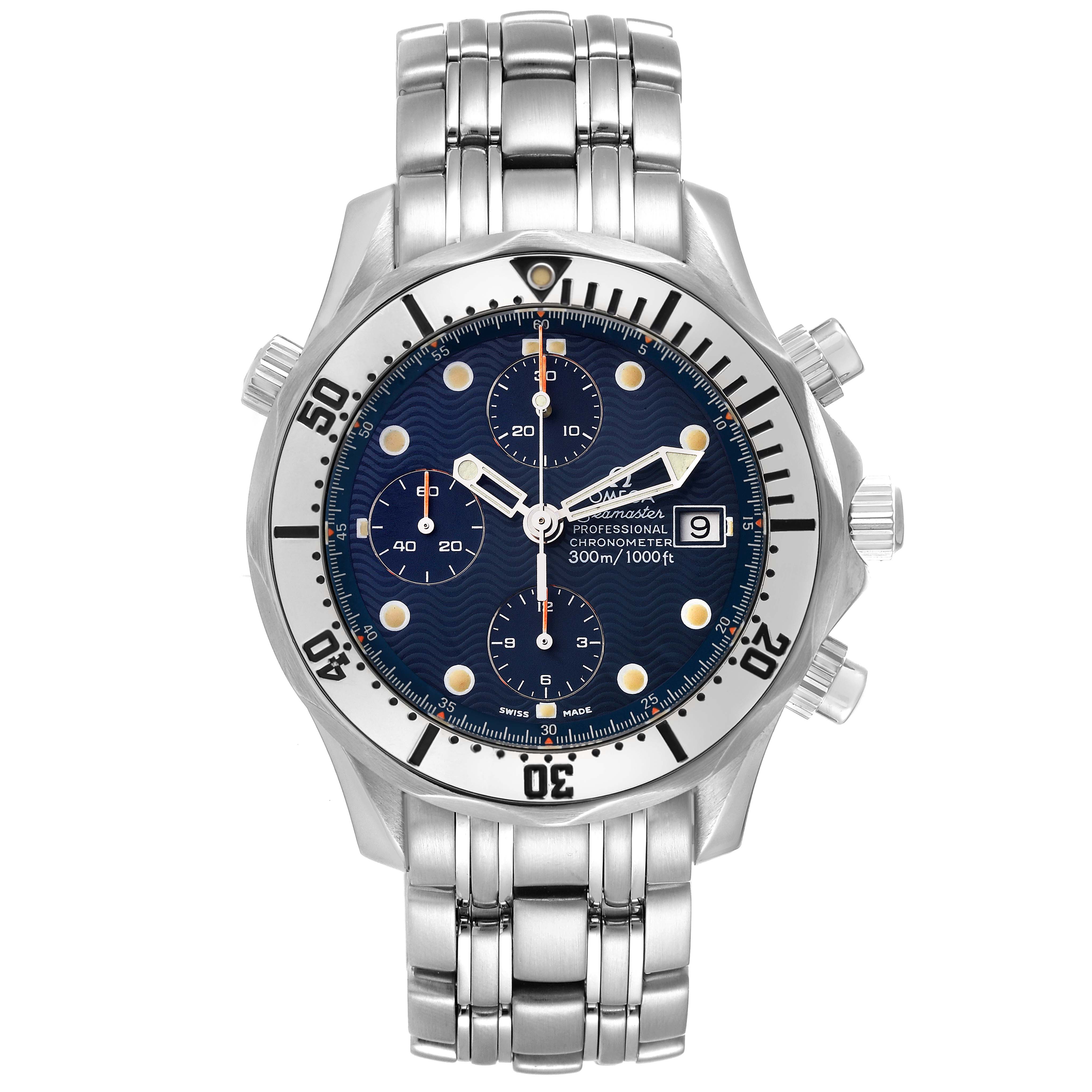 The image shows a front view of the Omega Seamaster 2598.80.00 Men's Stainless Steel Blue Dial 2598.80.00 Men's Stainless Steel Blue Dial watch, featuring its dial, bezel, crown, pushers, and bracelet.