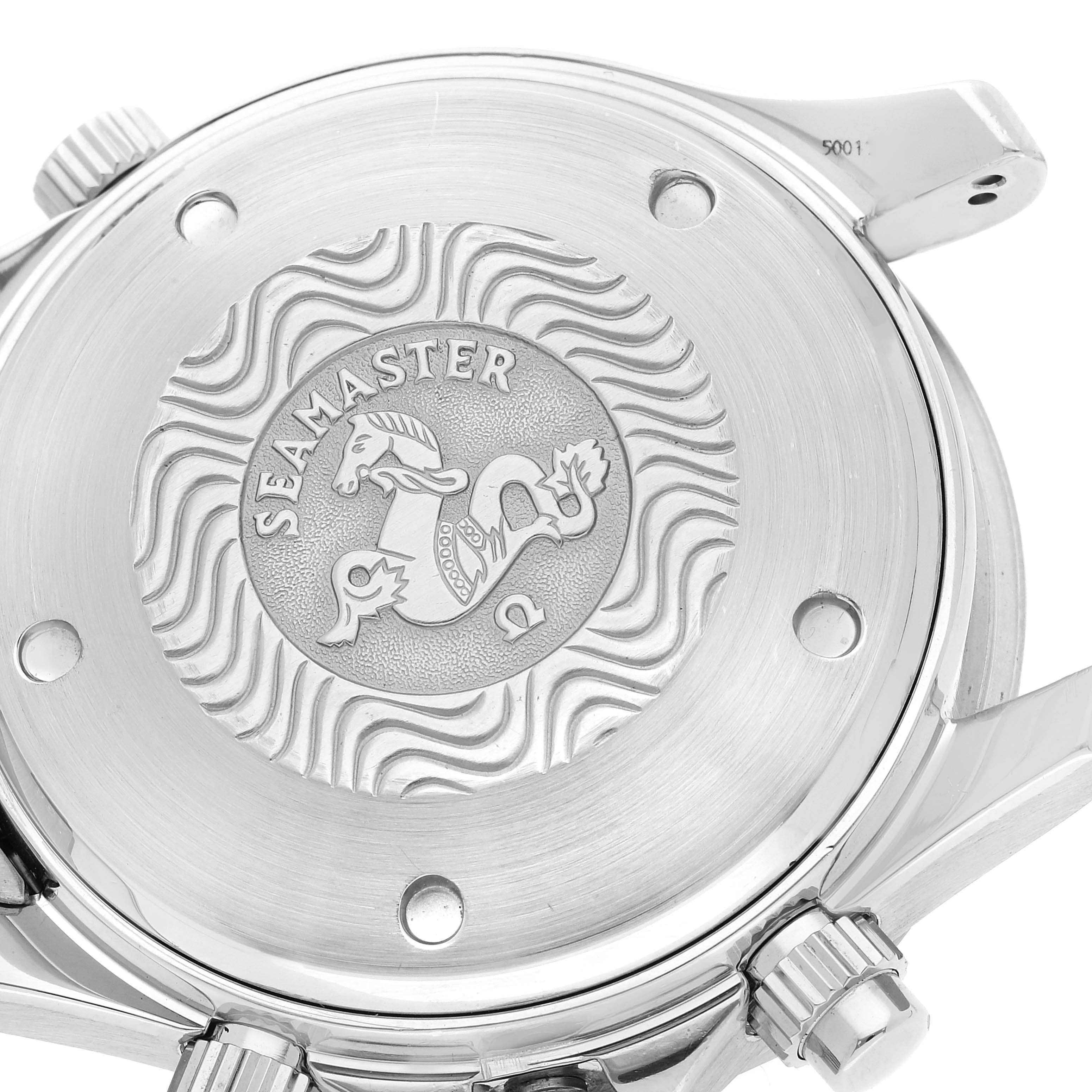 The image shows the case back of an Omega Seamaster 2598.80.00 Men's Stainless Steel Blue Dial 2598.80.00 Men's Stainless Steel Blue Dial watch, featuring the Seamaster logo and wave pattern.