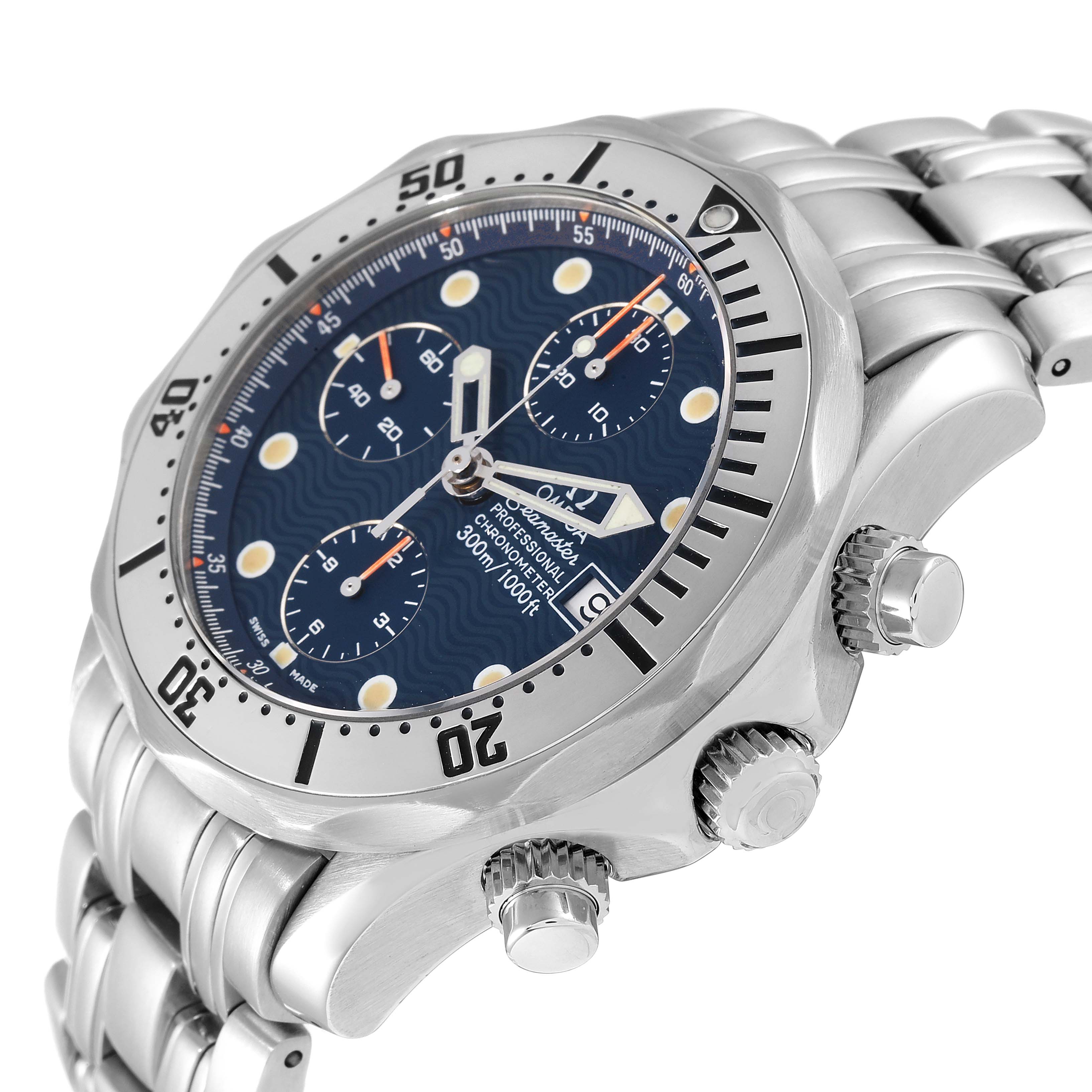The Omega Seamaster 2598.80.00 Men's Stainless Steel Blue Dial 2598.80.00 Men's Stainless Steel Blue Dial watch is displayed at an angled close-up, showcasing its dial, bezel, crown, chronograph dials, and bracelet.