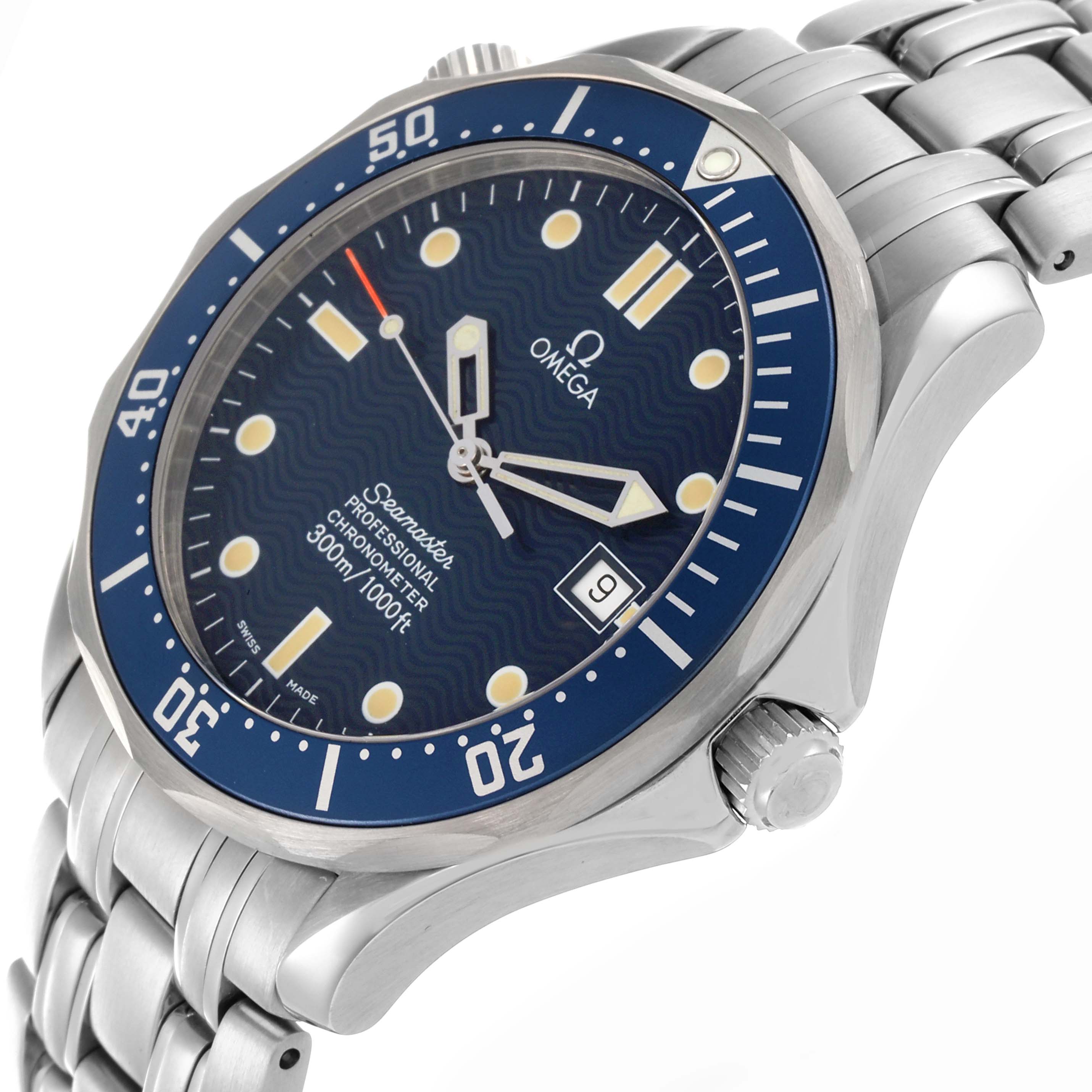 The Omega Seamaster 2531.80.00 Men
s Stainless Steel Blue Dial 2531.80.00 Men
s Stainless Steel Blue Dial watch is shown from an angled side view, highlighting the bezel, dial, bracelet, and crown.