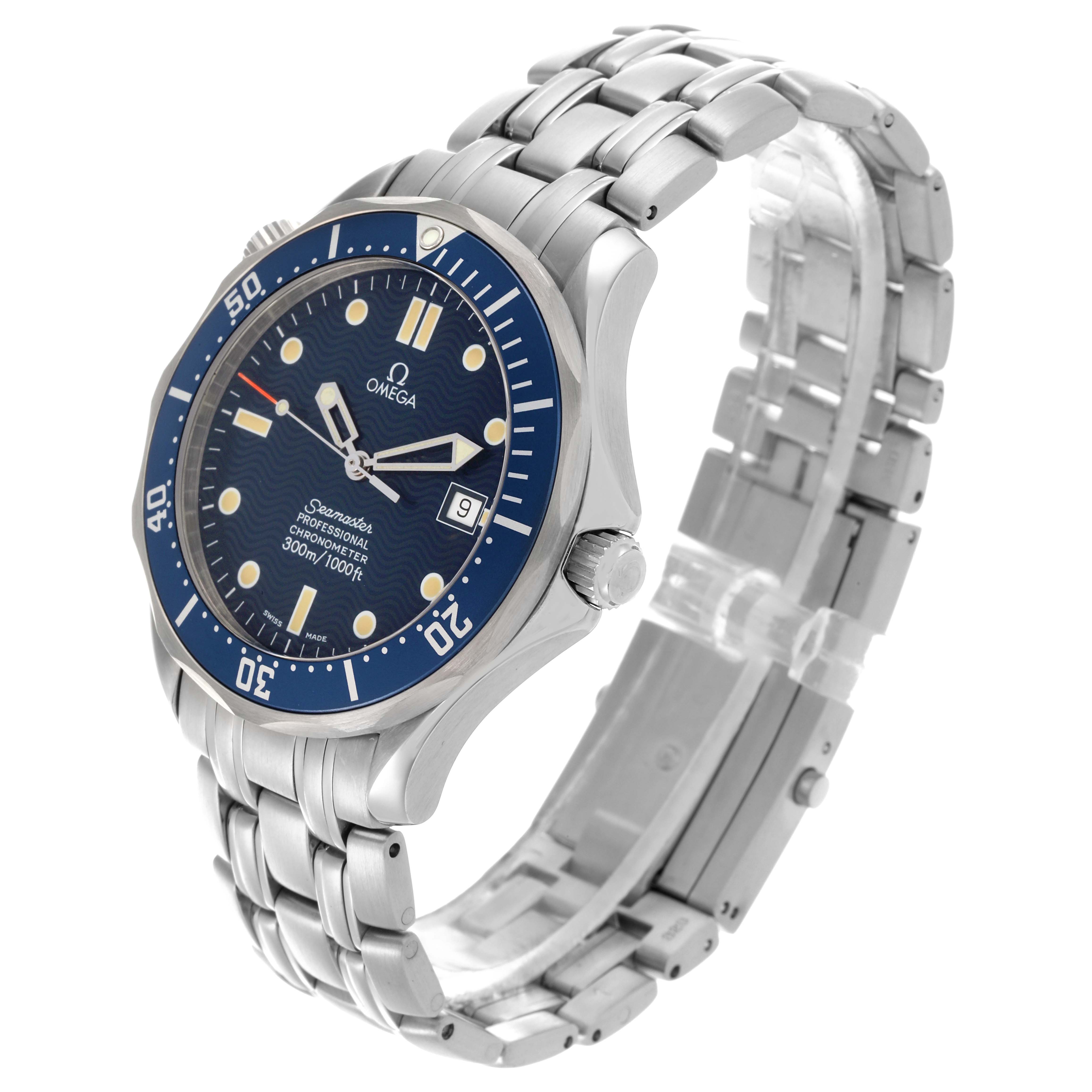 The Omega Seamaster 2531.80.00 Men
s Stainless Steel Blue Dial 2531.80.00 Men
s Stainless Steel Blue Dial watch is shown at a three-quarter angle, displaying the face, bezel, crown, and bracelet.
