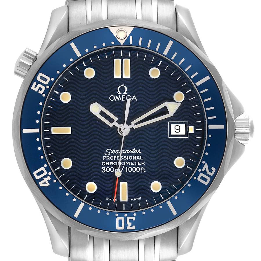 The Omega Seamaster watch is shown from a frontal angle, highlighting its dial, bezel, crown, and bracelet.