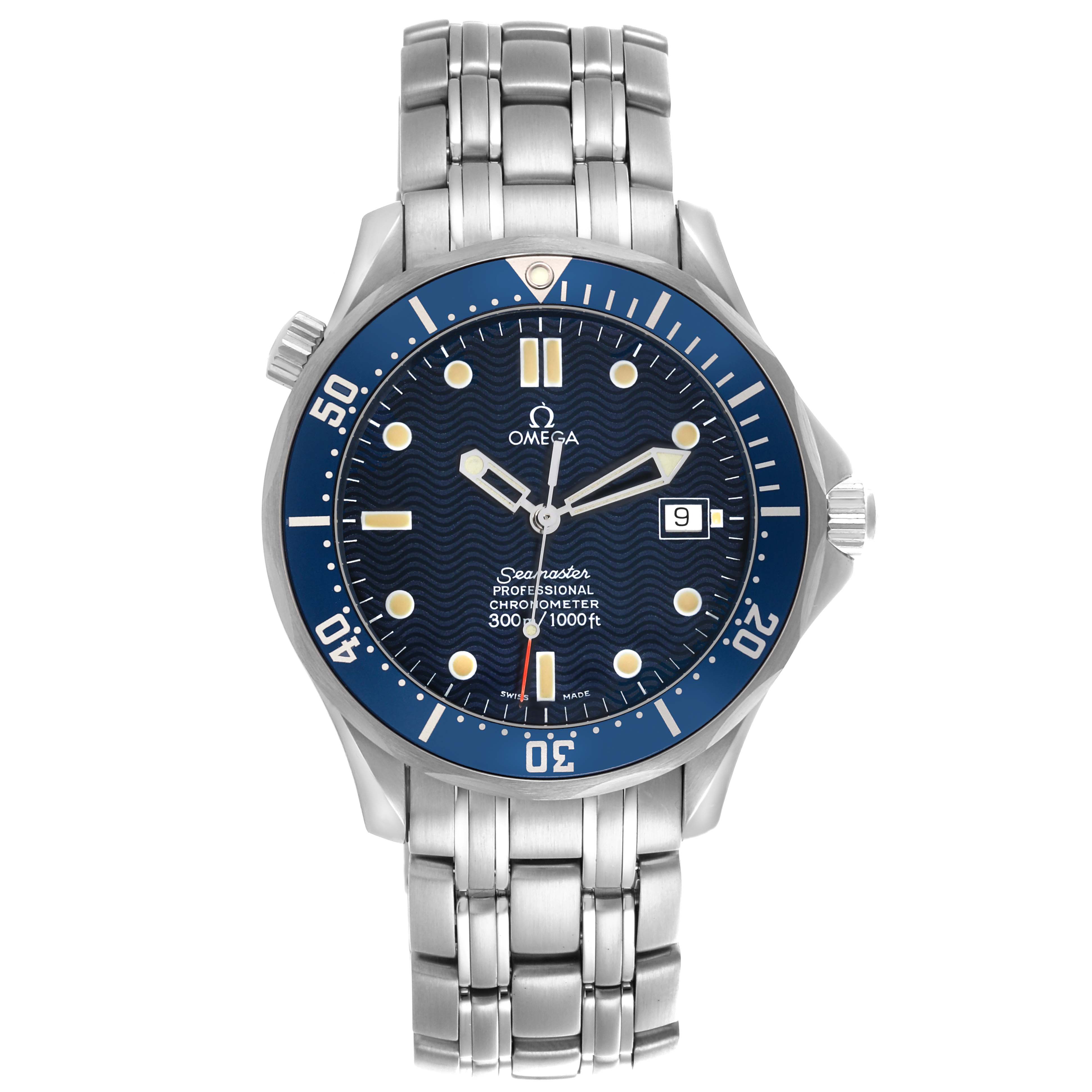 The watch is an Omega Seamaster 2531.80.00 Men
s Stainless Steel Blue Dial 2531.80.00 Men
s Stainless Steel Blue Dial model, shown from the front displaying its dial, bezel, and stainless steel bracelet.
