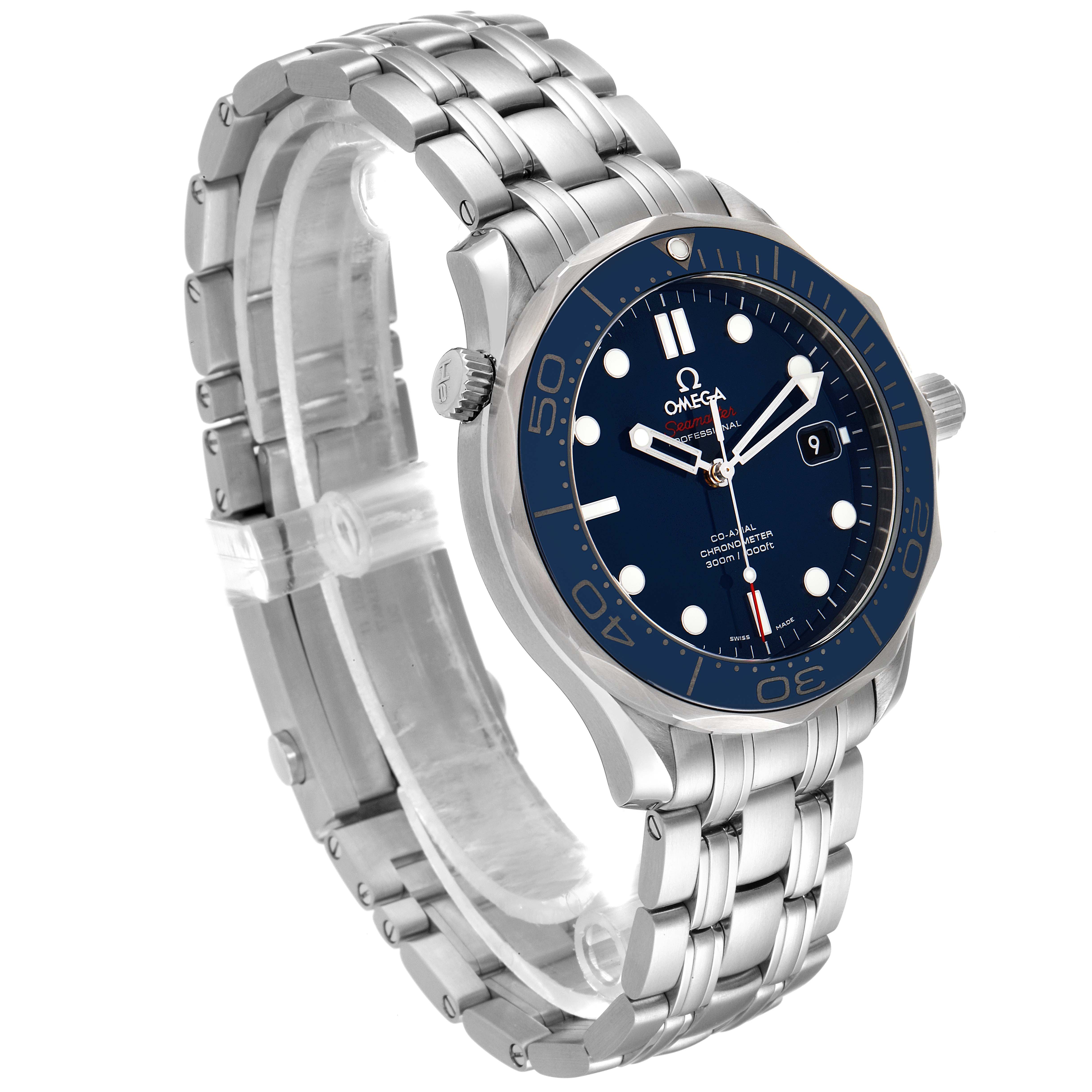 The Omega Seamaster 212.30.41.20.03.001 Men's Stainless Steel Blue Dial 212.30.41.20.03.001 Men's Stainless Steel Blue Dial watch is shown at a three-quarter angle, highlighting the face, bezel, and metal bracelet.